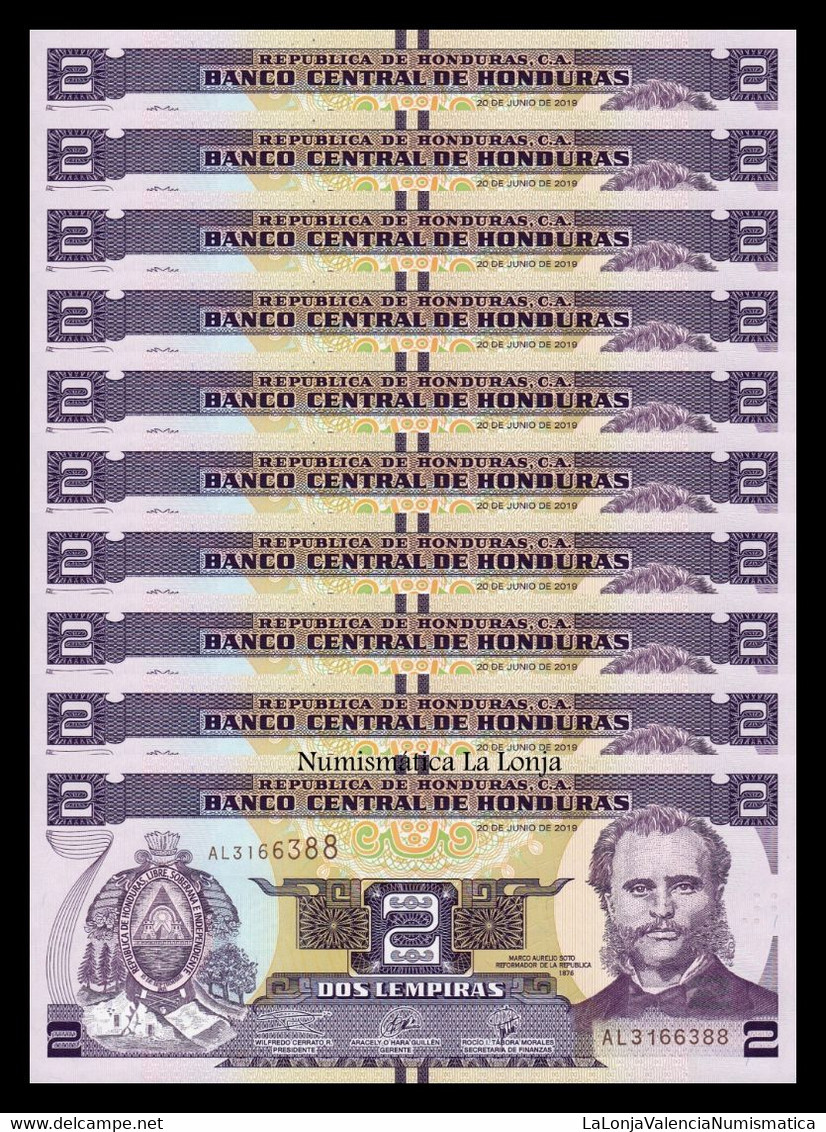 Honduras Lot 10 Banknotes 2 Lempiras 2019 Pick 97d SC UNC - Honduras