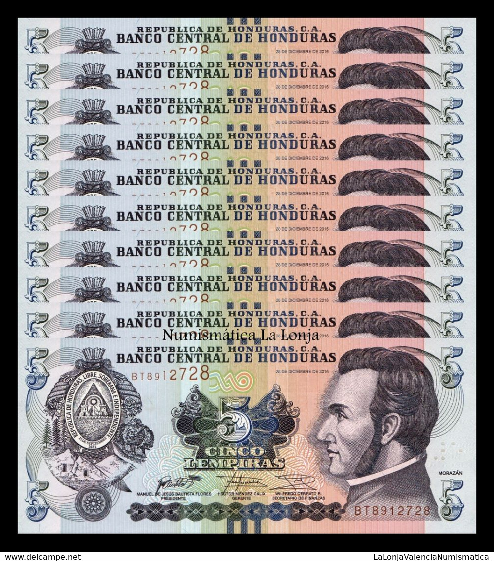 Honduras Lot 10 Banknotes 5 Lempiras 2016 Pick 98c SC UNC - Honduras