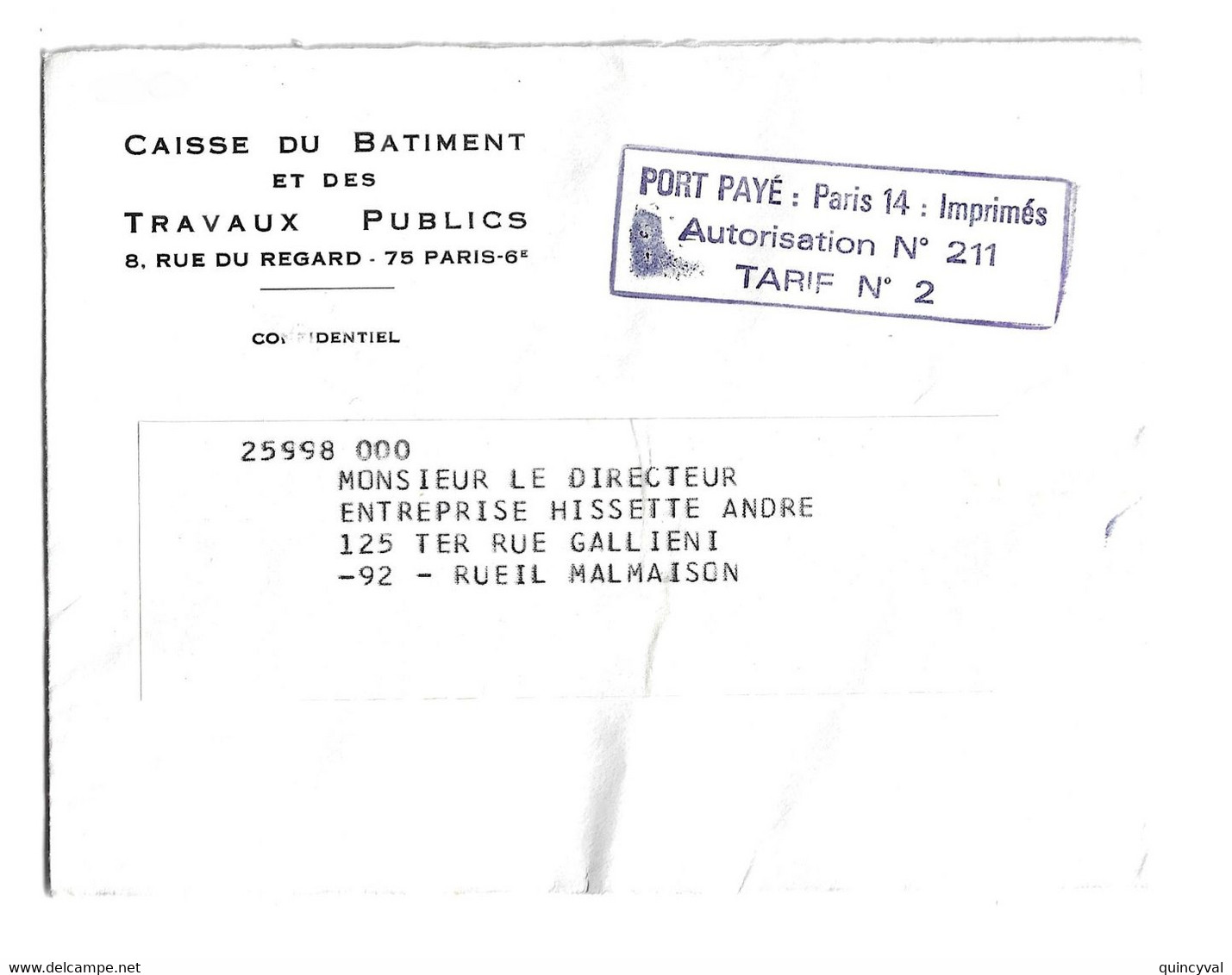 PARIS 14 Port Payé IMPRIMES Griffe Autorisation N° 211 Tarif 2  Lettre Entête Caisse Bâtiment Travaux Publics - Sonstige & Ohne Zuordnung