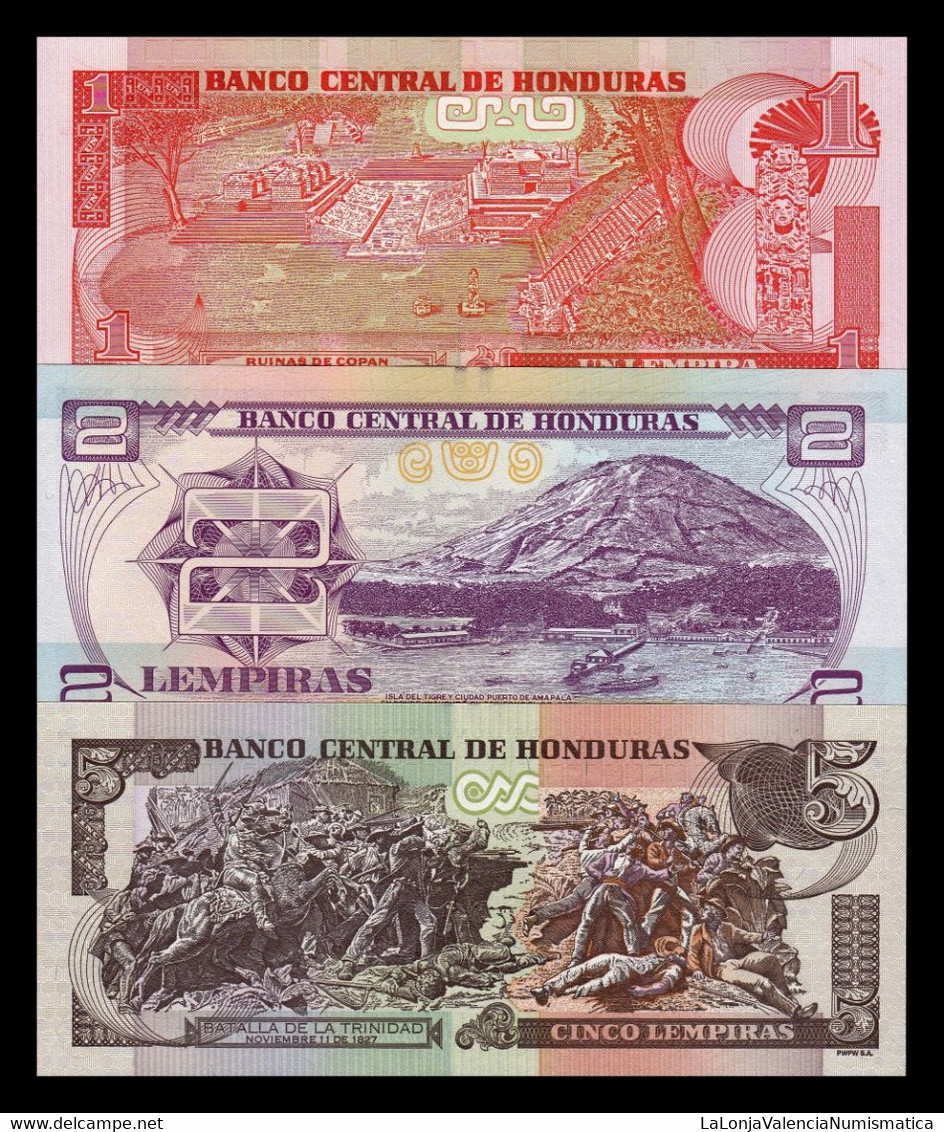 Honduras Set 3 Banknotes 1 2 5 Lempiras 2000-2019 Pick 84-98 SC UNC - Honduras