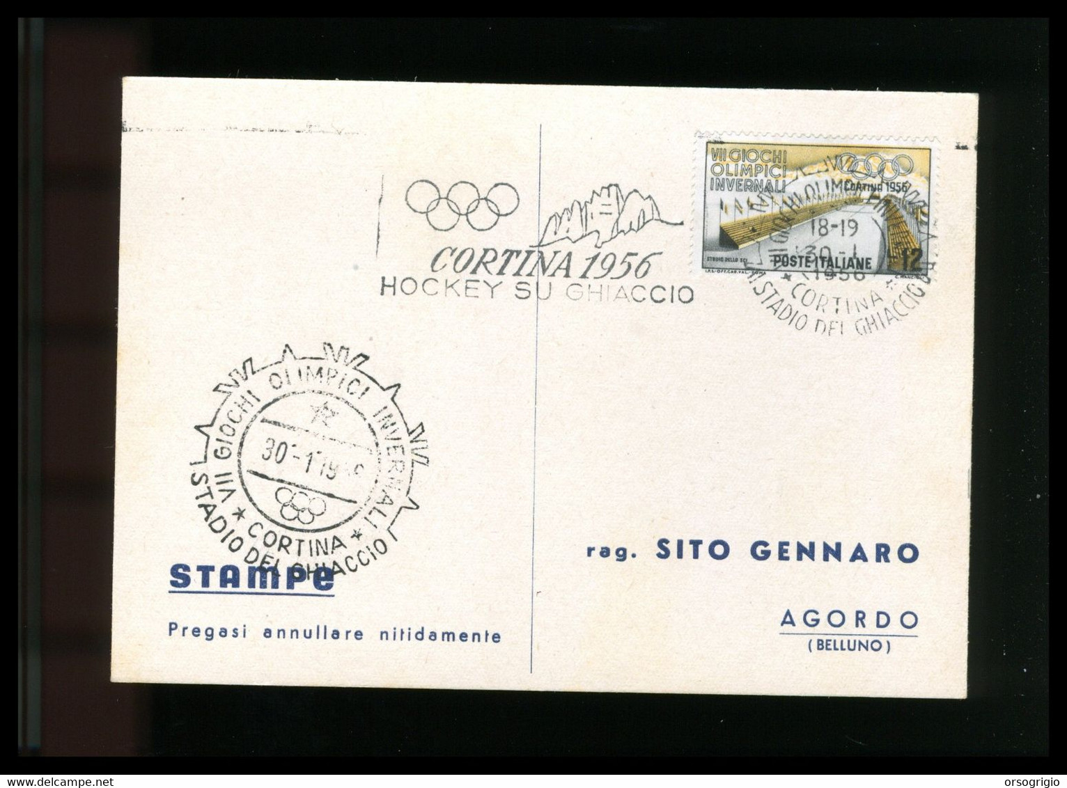 ITALIA - 1956 GIOCHI OLIMPICI INVERNALI Di CORTINA D'AMPEZZO - HOCKEY SU GHIACCIO -  30-1-1956    LUSSO - Invierno 1956: Cortina D'Ampezzo