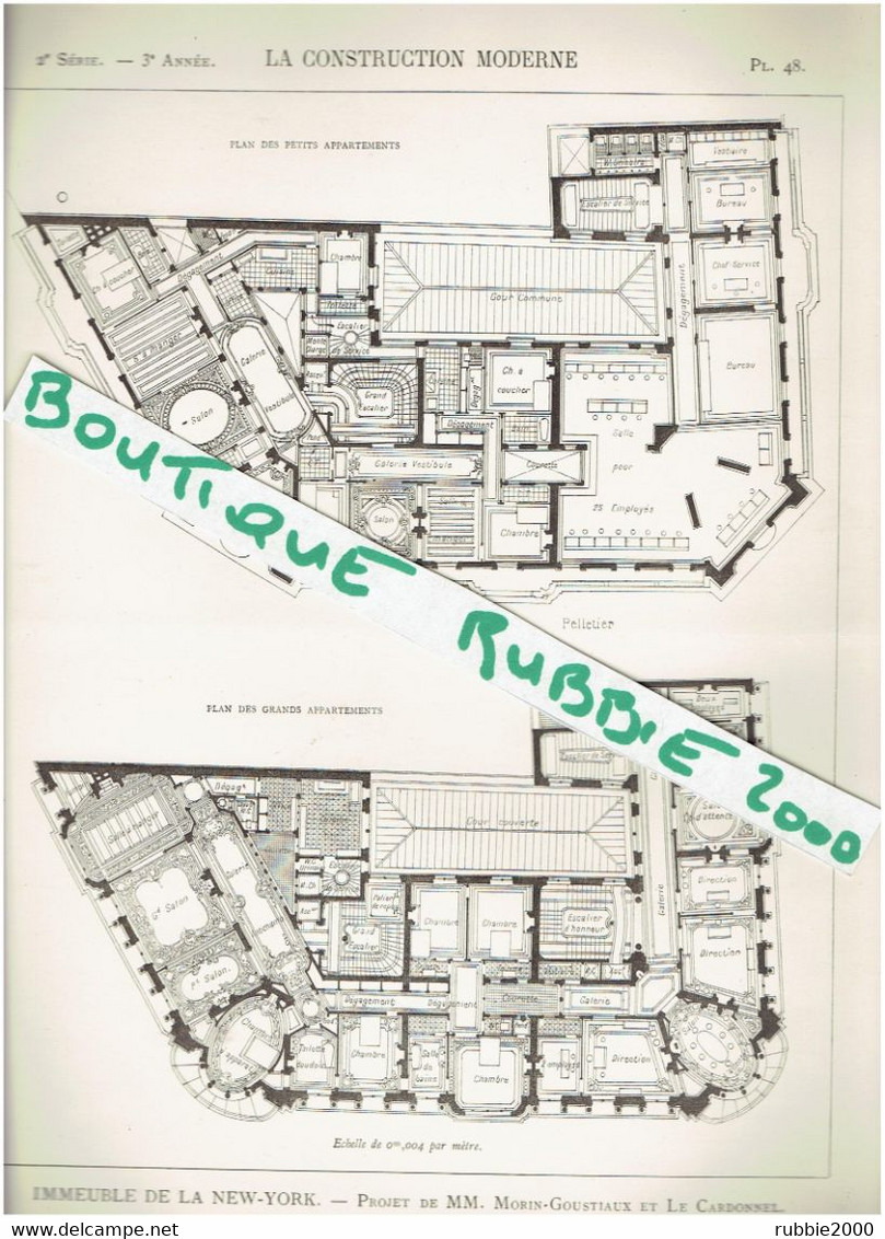 4 PLANS DESSINS 1897 PARIS 9° PROJET IMMEUBLE ASSURANCES LA NEW YORK CROISEMENT BOULEVARD DES ITALIENS ETRUE LE PELETIER - Parigi