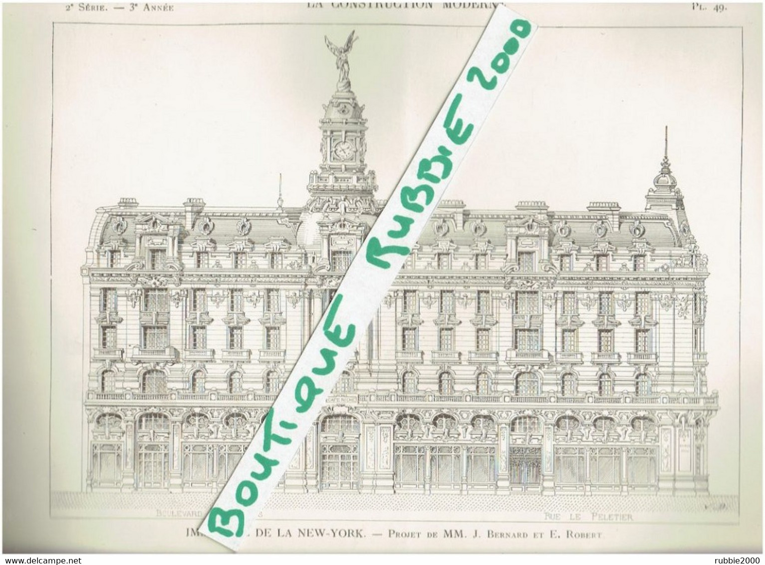 4 PLANS DESSINS 1897 PARIS 9° PROJET IMMEUBLE ASSURANCES LA NEW YORK CROISEMENT BOULEVARD DES ITALIENS ETRUE LE PELETIER - Parijs