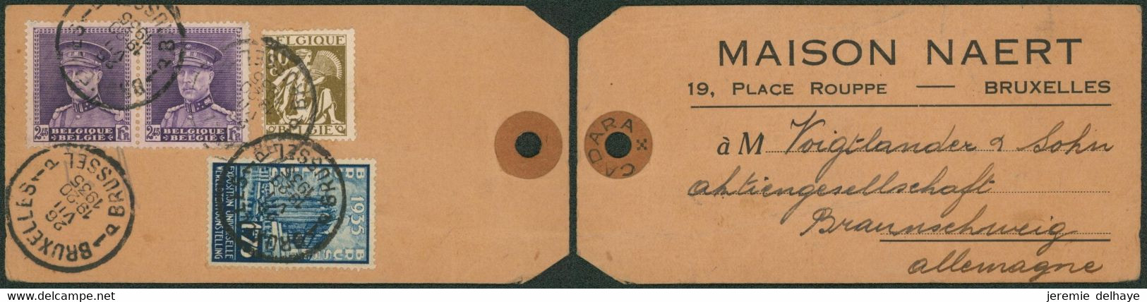 Affranch. Mixte (Képi) Soit 6F75 Sur étiquette De Colis De Bruxelles (Maison Naert, 1935) > Allemagne - 1931-1934 Mütze (Képi)