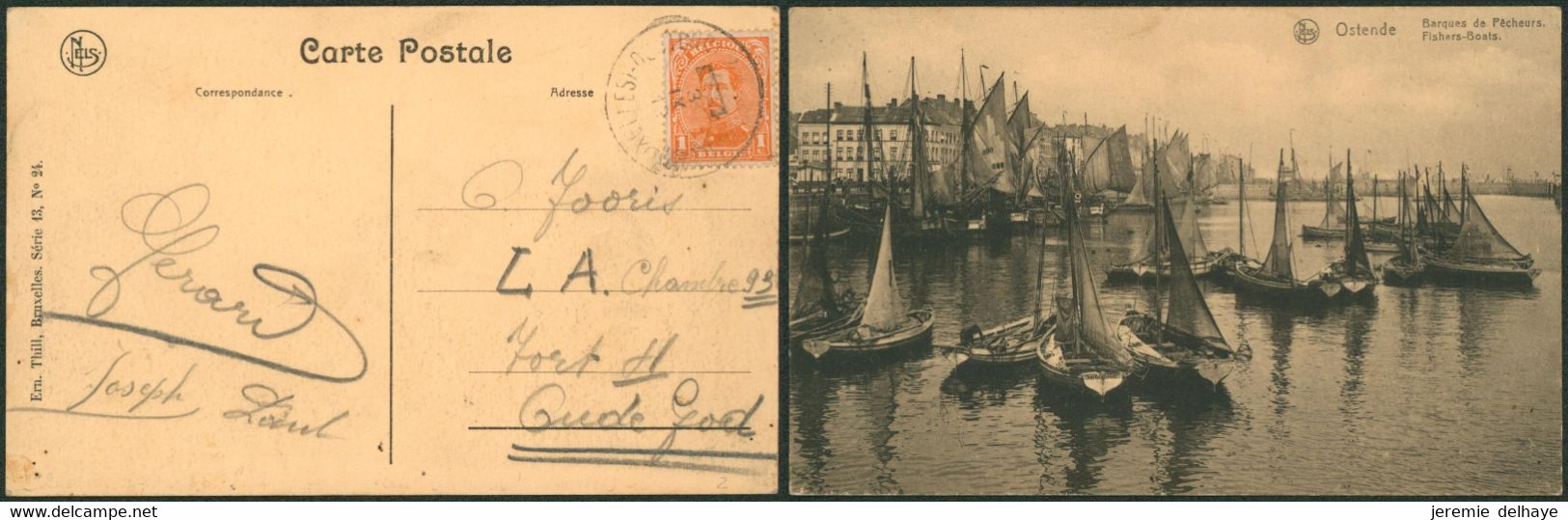 Albert I - N°135 Sur CP Vue (Oostende) + Cachet Ambulant De Fortune (année Masqué) "Bruxelles (Brussel) - Ostende" > Oud - Fortune (1919)