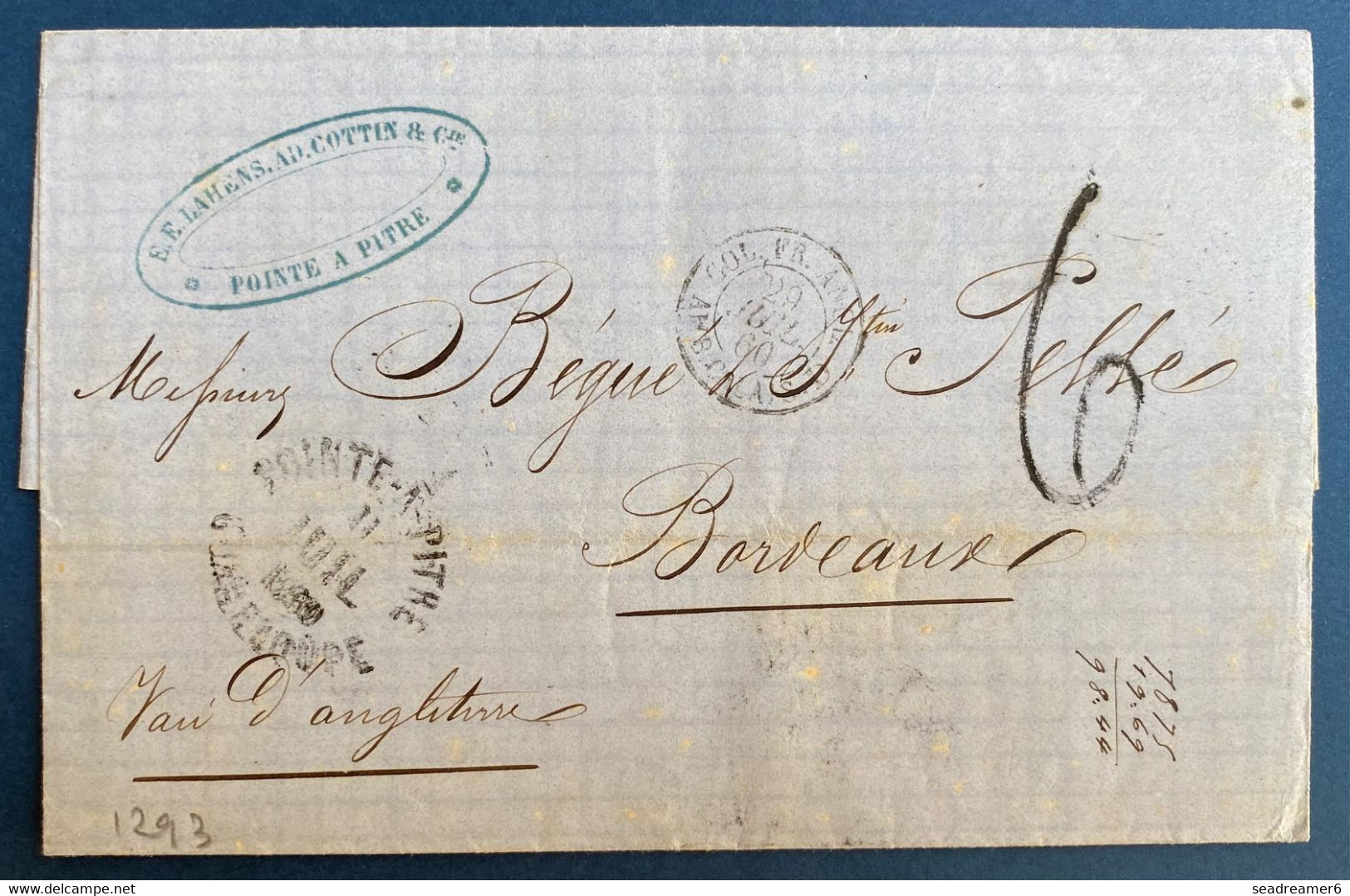 Lettre Juil 1860 Pour Bordeaux Dateur "Pointe à Pitre/ Guadeloupe" + Dateur D'entrée "Col FR Angl/ Amb Calais D" TTB - Storia Postale