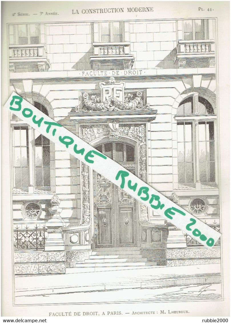 4 PLANS DESSINS 1897 PARIS 5° FACULTE DE DROIT PARIS II PANTHEON RUE SAINT JACQUES PAR L ARCHITECTE LHEUREUX ART NOUVEAU - Parijs