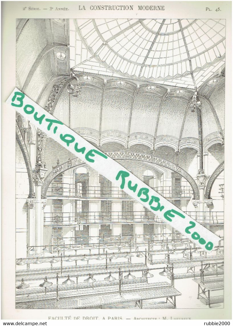 4 PLANS DESSINS 1897 PARIS 5° FACULTE DE DROIT PARIS II PANTHEON RUE SAINT JACQUES PAR L ARCHITECTE LHEUREUX ART NOUVEAU - Parigi