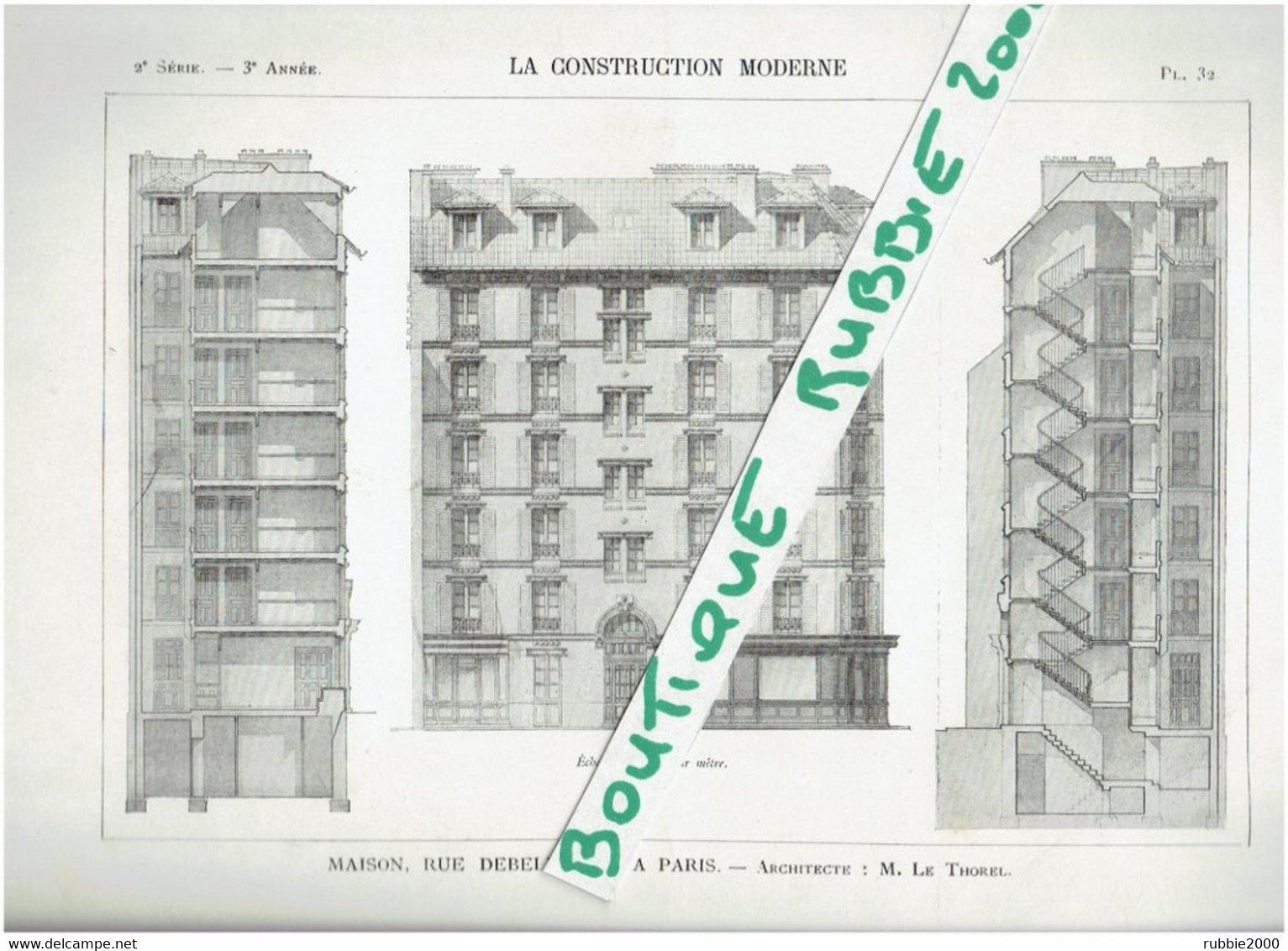 2 PLANS DESSINS 1897 PARIS 3° IMMEUBLE 22 RUE DEBELLEYME ARCHITECTE LE THOREL - Paris