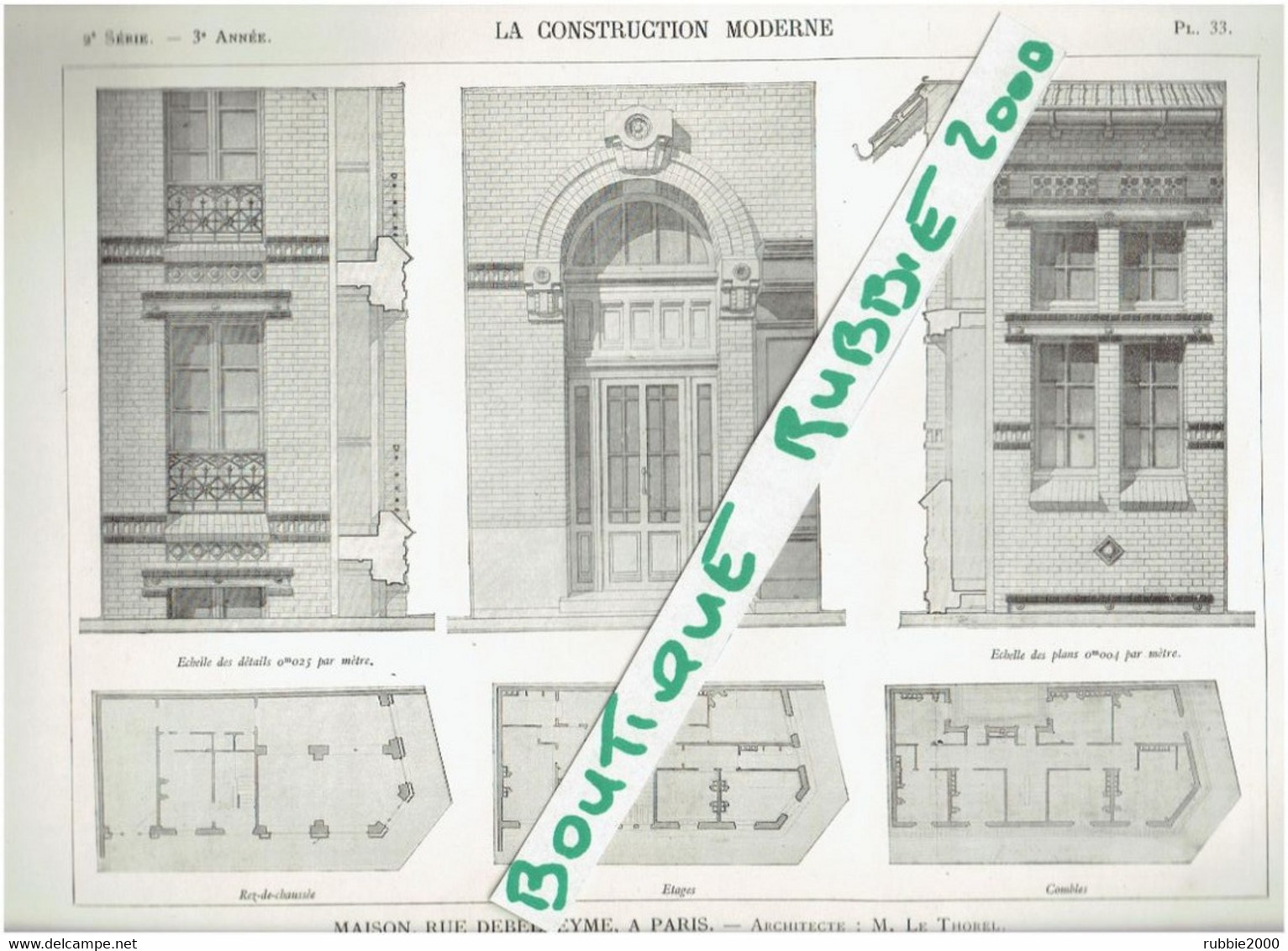 2 PLANS DESSINS 1897 PARIS 3° IMMEUBLE 22 RUE DEBELLEYME ARCHITECTE LE THOREL - Paris