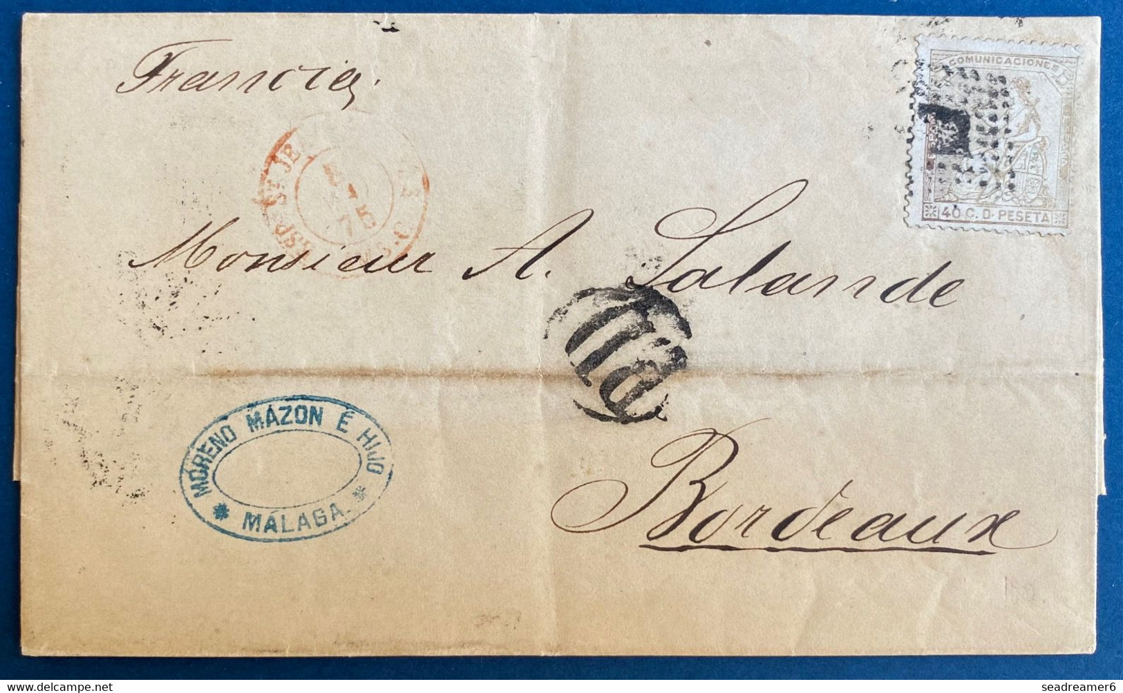 Espagne 1875 Allegorie N°136 (edifil) N°135 Yvert 40 Pes Obl Losange + PD + Entrée Rouge Pour Bordeaux TTB - Lettres & Documents