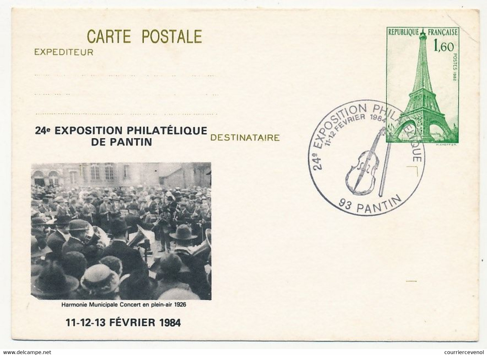 CP Entier Repiqué 1,60 Tour Eiffel - 24eme Exposition Philatélique Harmonie Municipale - 93 PANTIN - Février 1984 - Cartes Postales Repiquages (avant 1995)