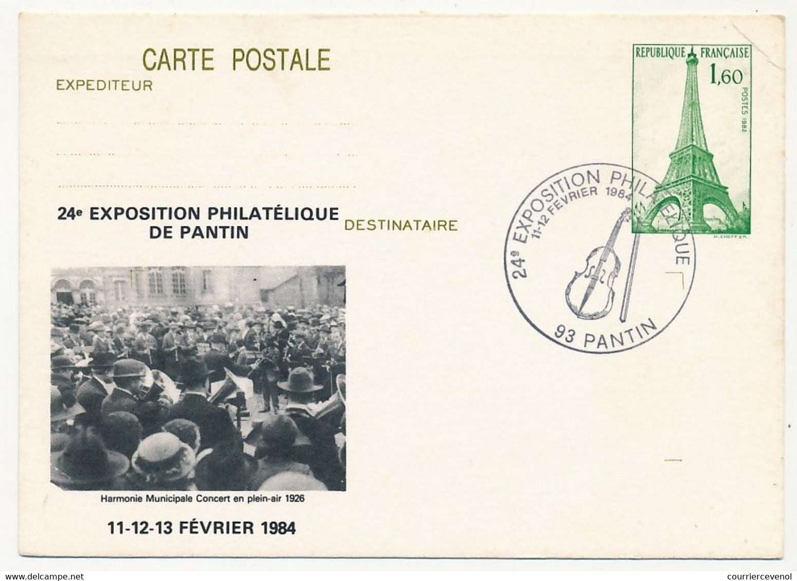 CP Entier Repiqué 1,60 Tour Eiffel - 24eme Exposition Philatélique Harmonie Municipale - 93 PANTIN - Février 1984 - Postales  Transplantadas (antes 1995)