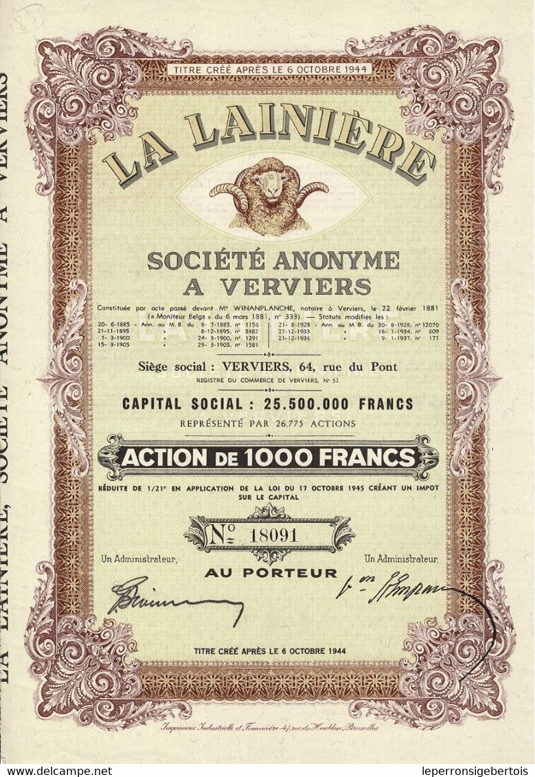 Titre De 1945 - La Lainière Société Anonyme à Verviers - - Textiel