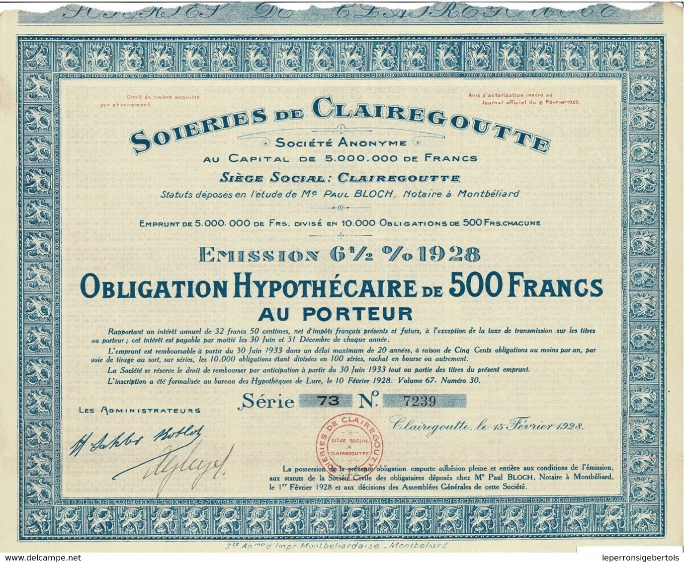 Obligation Hypothécaire De 1928 - Soieries De Clairegoutte - - Textiel