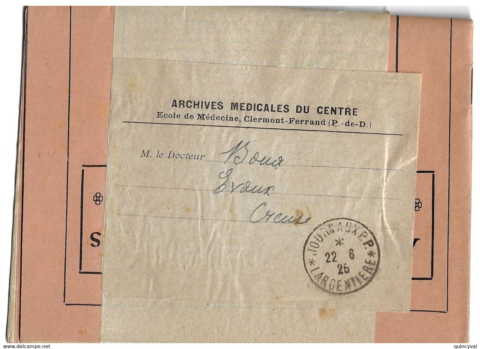 LARMENTIERE JOURNAUX P P Bulletin "Archives Médicales Du Centre" Entier Sous Bade Ob 22 6 1925 - Handstempel