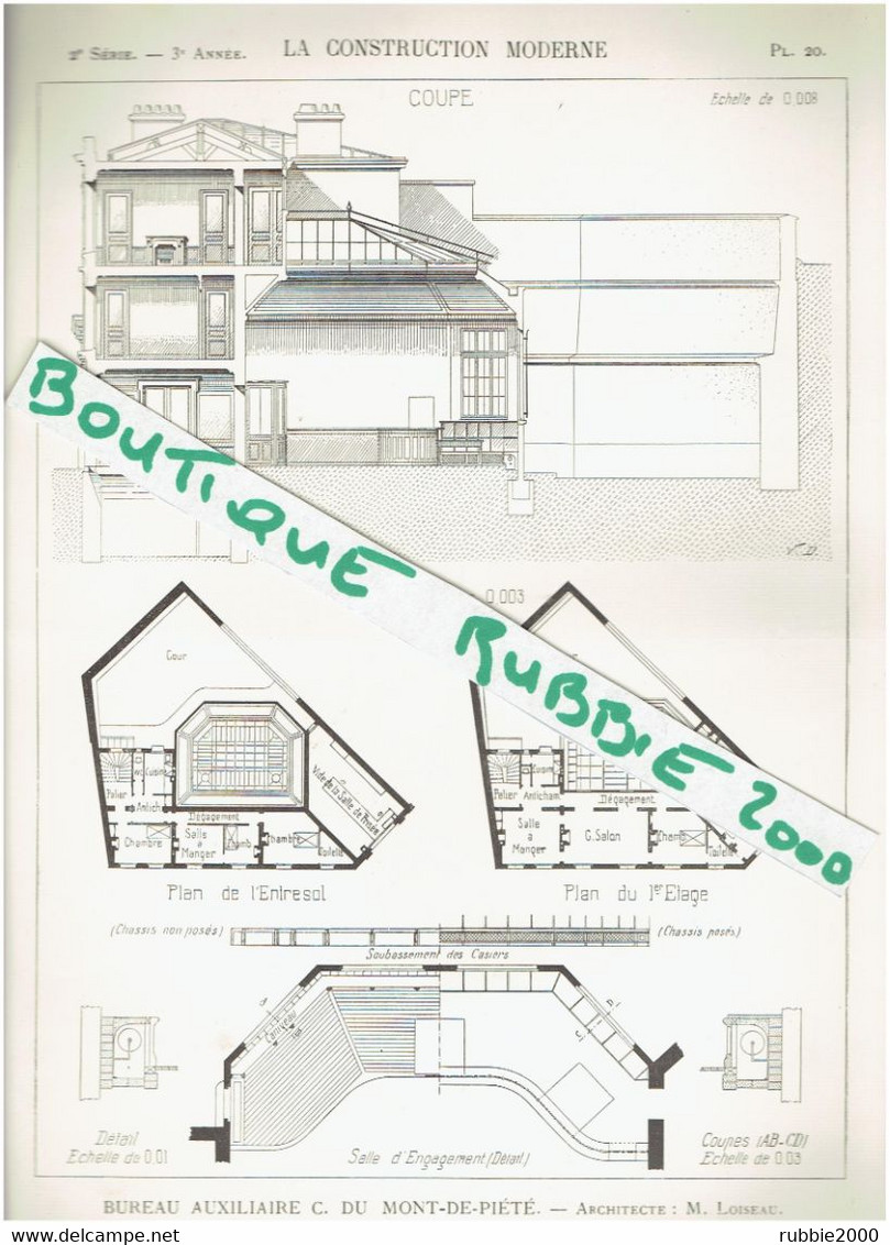 2 PLANS DESSINS 1897 PARIS BUREAU AUXILIAIRE C DU MONT DE PIETE ARCHITECTE LOISEAU - Paris