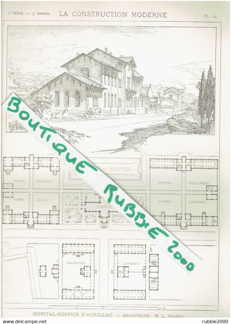 3 PLANS DESSINS 1897 AURILLAC CANTAL HOPITAL HOSPICE ARCHITECTE M. L. MAGNE - Auvergne