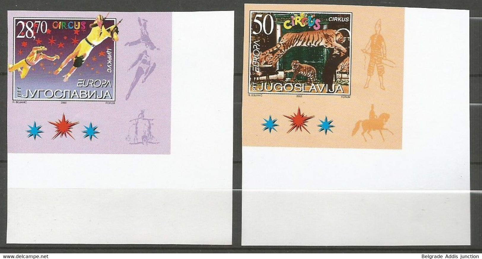 Yugoslavia ERROR Mi.3076/77 Complete Set IMPERFORATED PROOF On Issued Paper MNH / ** 2002 Europa Circus - Imperforates, Proofs & Errors