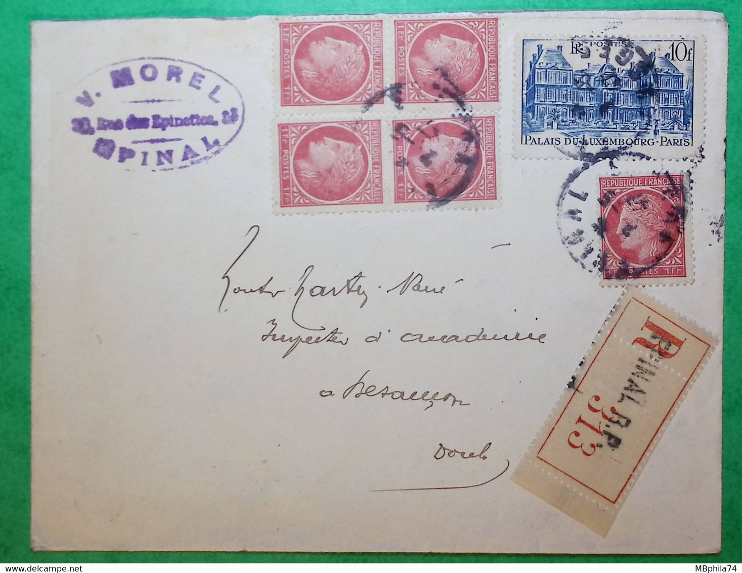 N°676 X5 + N°760 BLEU CLAIR MIXTE CERES MAZELIN PALAIS DU LUXEMBOURG RECOMMANDE EPINAL VOSGES POUR BESANCON DOUBS 1947 - 1945-47 Ceres De Mazelin