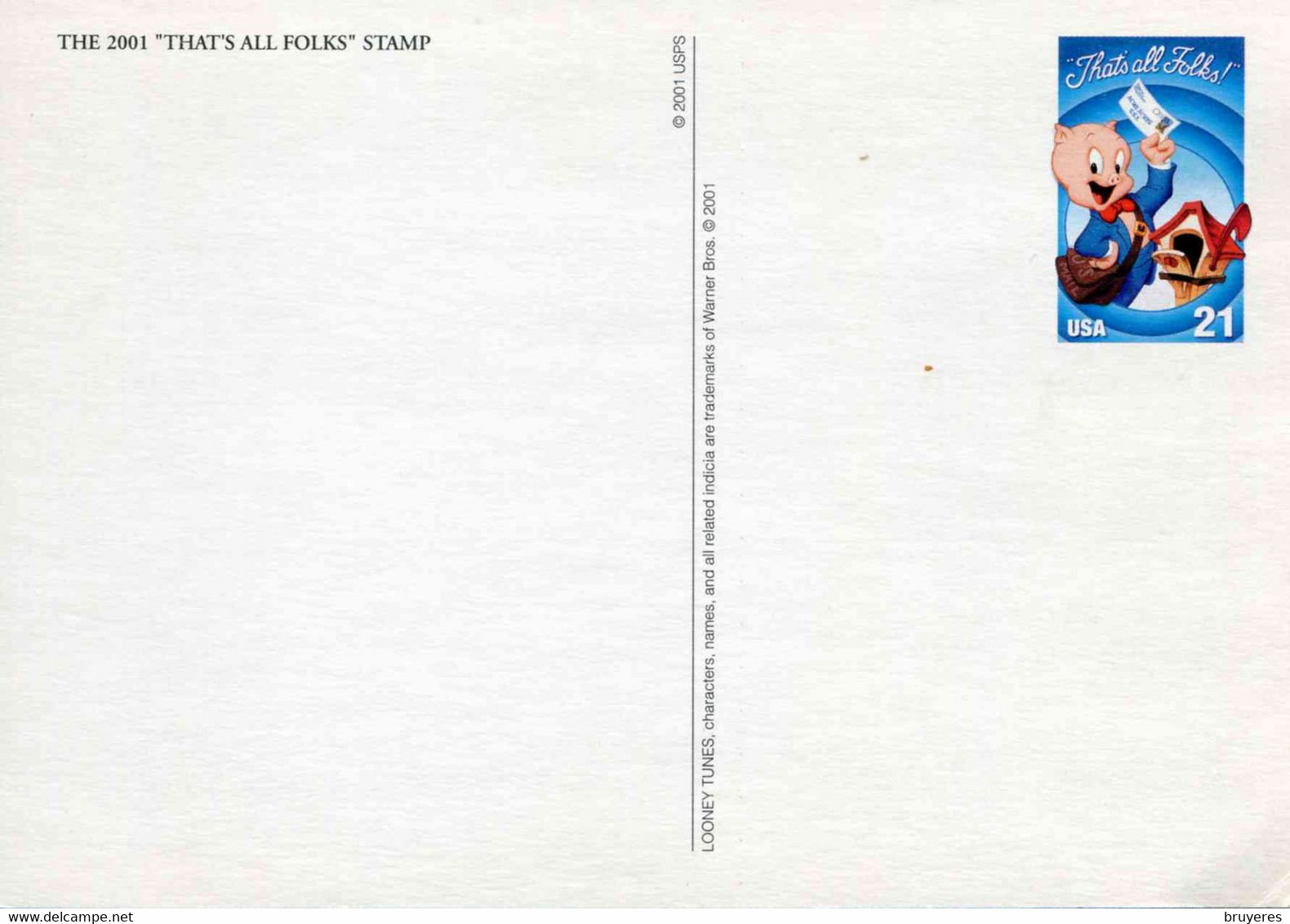 ENTIER POSTAL** De 2001 Des USA Sur CP Avec Timbre Et Illust. "PORKY PIG" - 2001-10