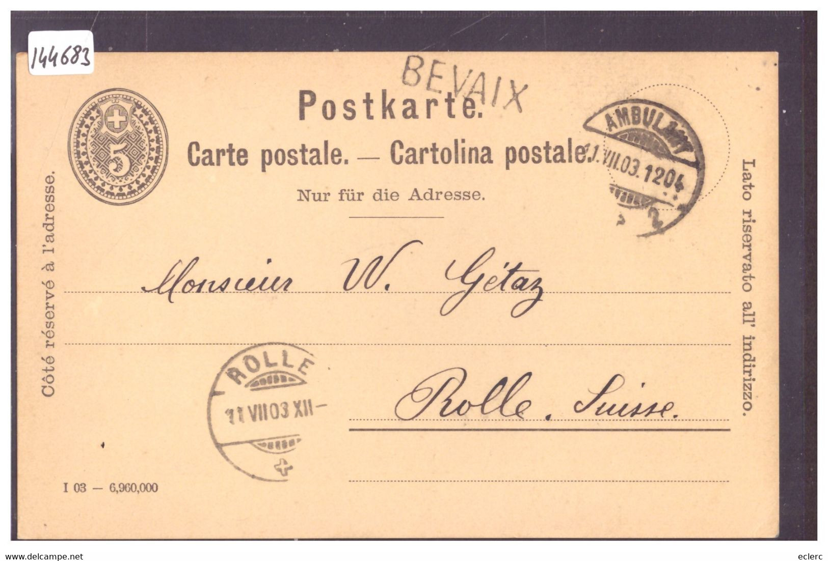 CACHET LINEAIRE " BEVAIX " SUR ENTIER POSTAL - GANZSACHE - TB - Bevaix