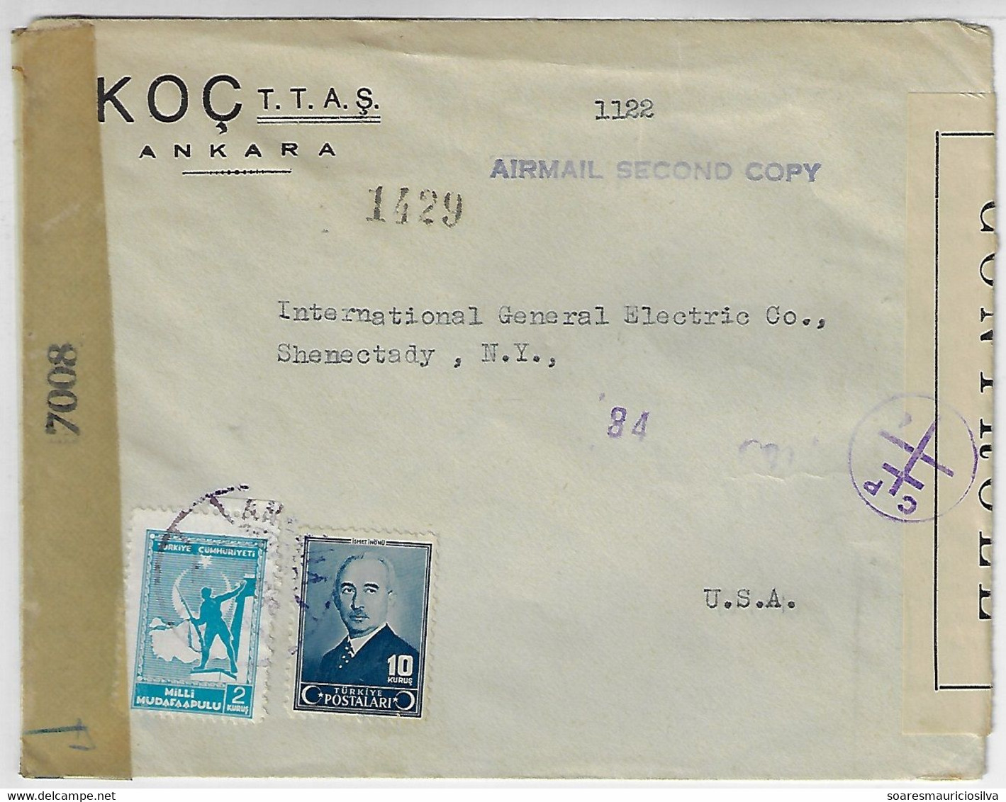 Turkey 1940s Registered Cover From Ankara To Shenectady USA Postage Rate With 2 Stamp And 2 Different Censorship Label - Storia Postale