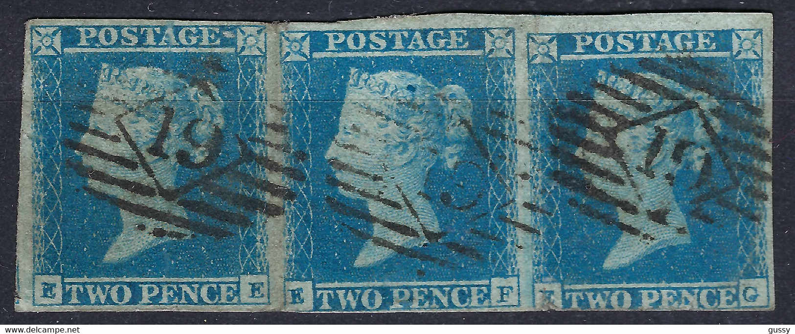 GRANDE BRETAGNE 1841:  Bande De 3 Du 2p Bleu Clair Sur Azuré ND Y&T 4, Obl., Forte Cote - Used Stamps