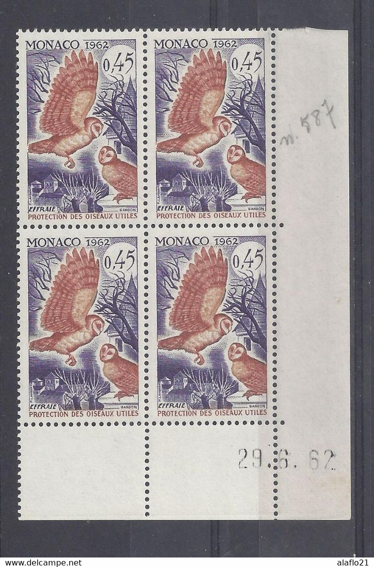 MONACO - N° 587 - OISEAU - Bloc De 4 COIN DATE - NEUF SANS CHARNIERE - 29/6/62 - Unused Stamps