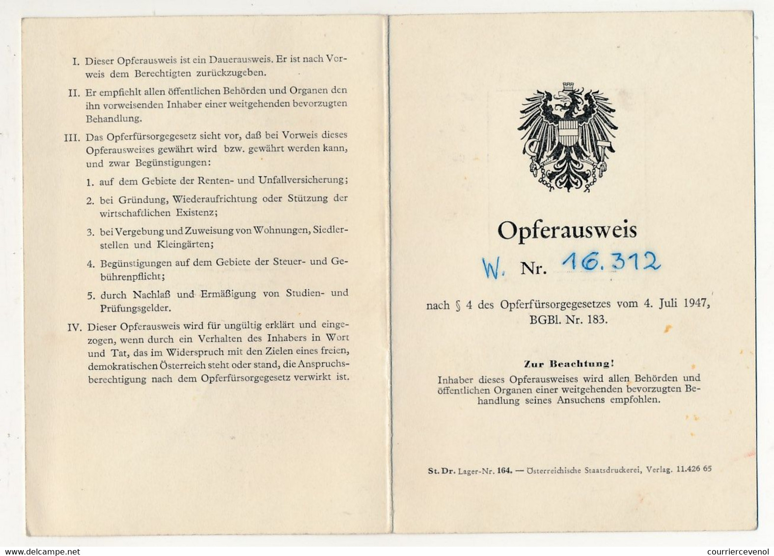 AUTRICHE - Opferausweis (Carte D'identité De Victime) - émise à Vienne 26 Sept 1967 - Documents Historiques