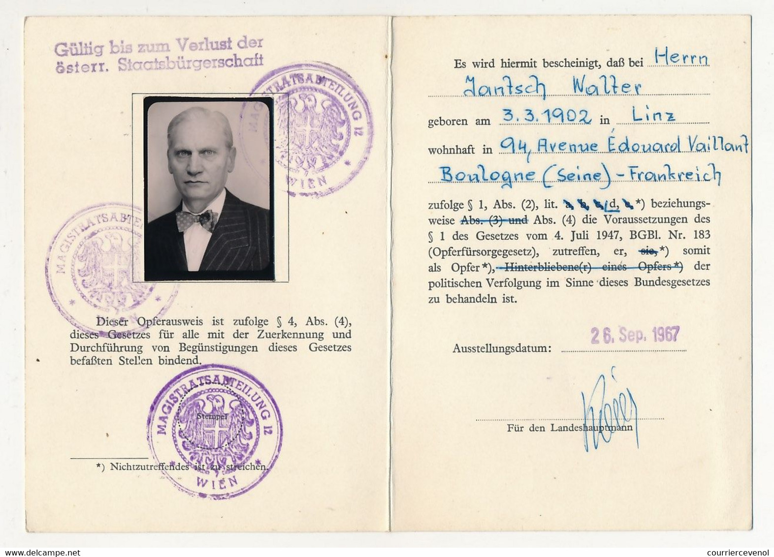 AUTRICHE - Opferausweis (Carte D'identité De Victime) - émise à Vienne 26 Sept 1967 - Documents Historiques