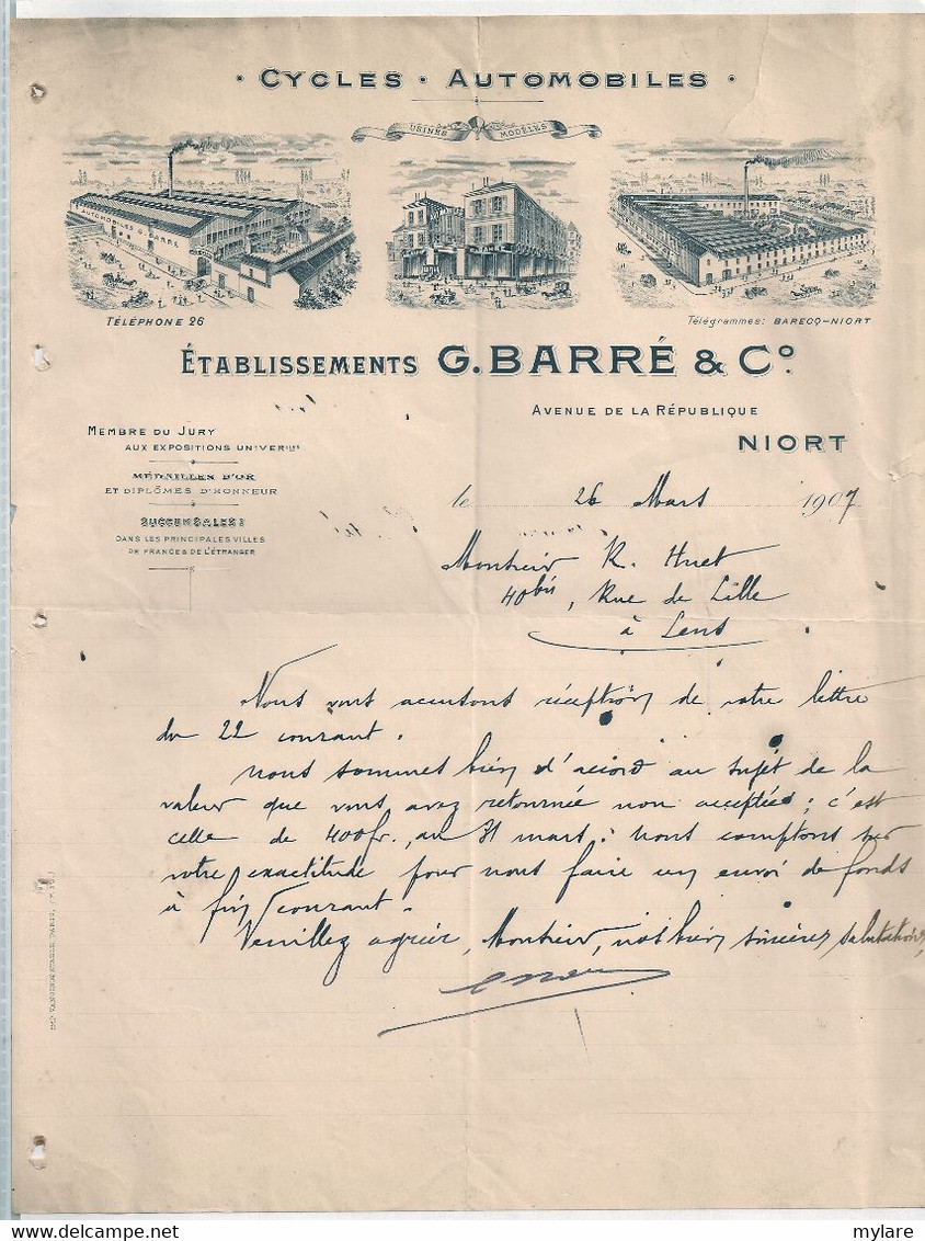 Facture 79 Niort  Ets Barré  Cycles Automobiles - Niort