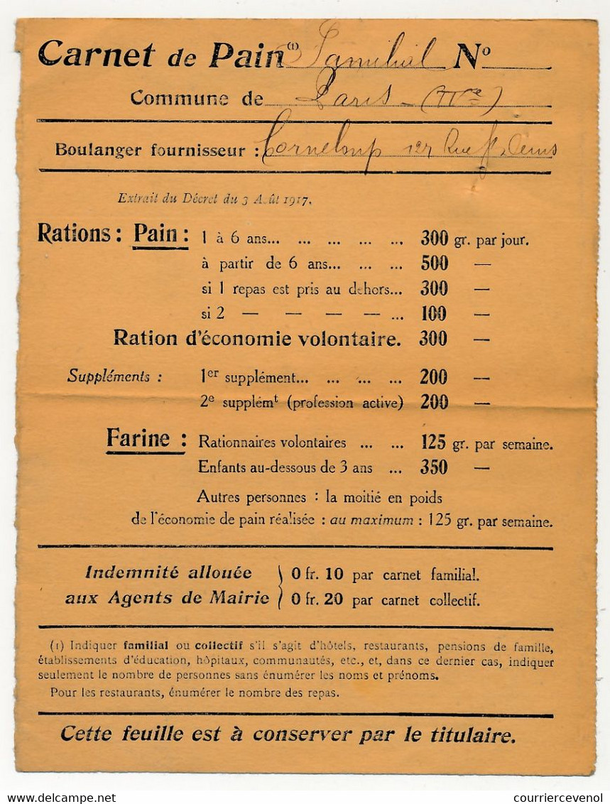 FRANCE - 1 Feuille "carnet De Pain" - PARIS - Après 1917... - Documents Historiques