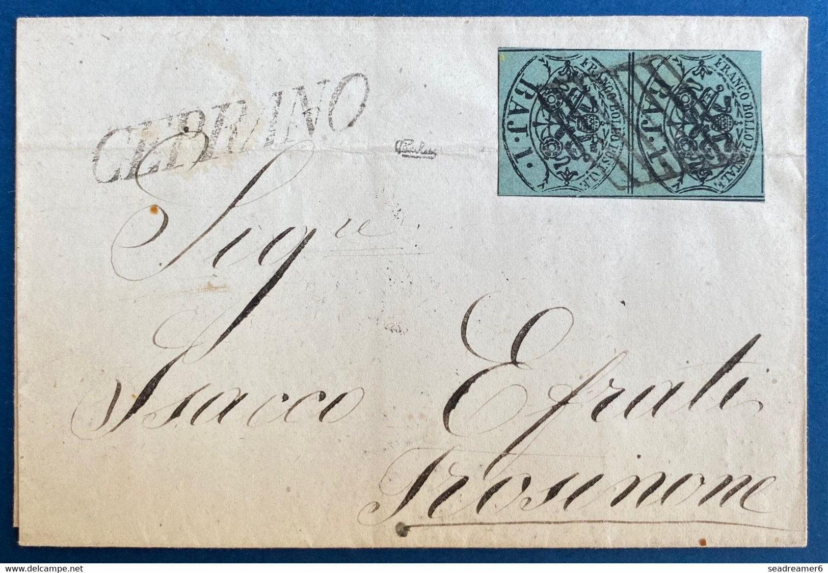 Lettre Etats De L'eglise Cursive CEPRANO Avec Paire N°2a Vert Fonçé Obl Grille Pour Frosinone Signé R.CALVES - Etats Pontificaux