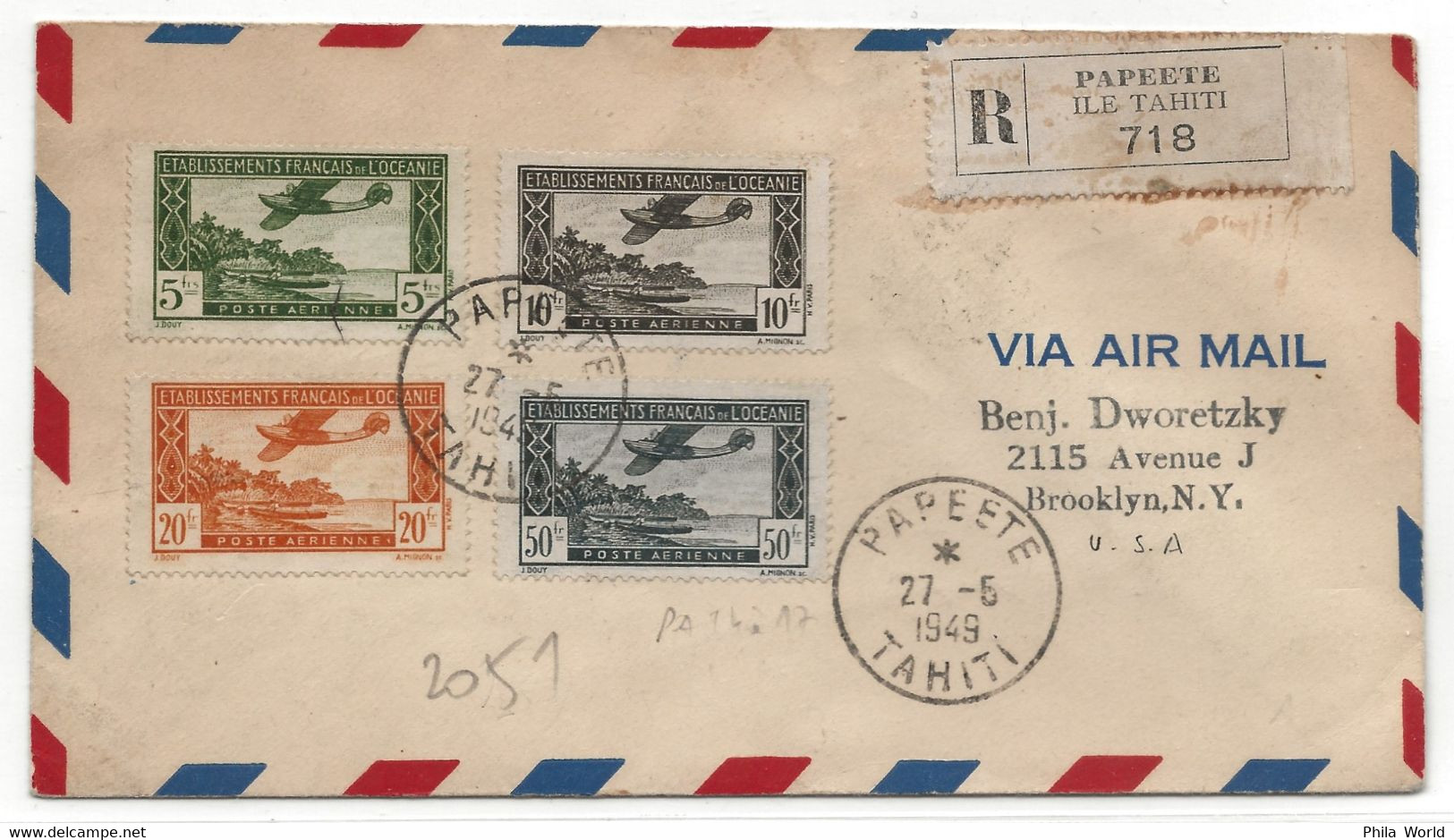 OCEANIE Etablissements Français ILE TAHITI 1949 Papeete Registered Air Mail Cover To US PAR AVION POSTE AERIENNE - Storia Postale