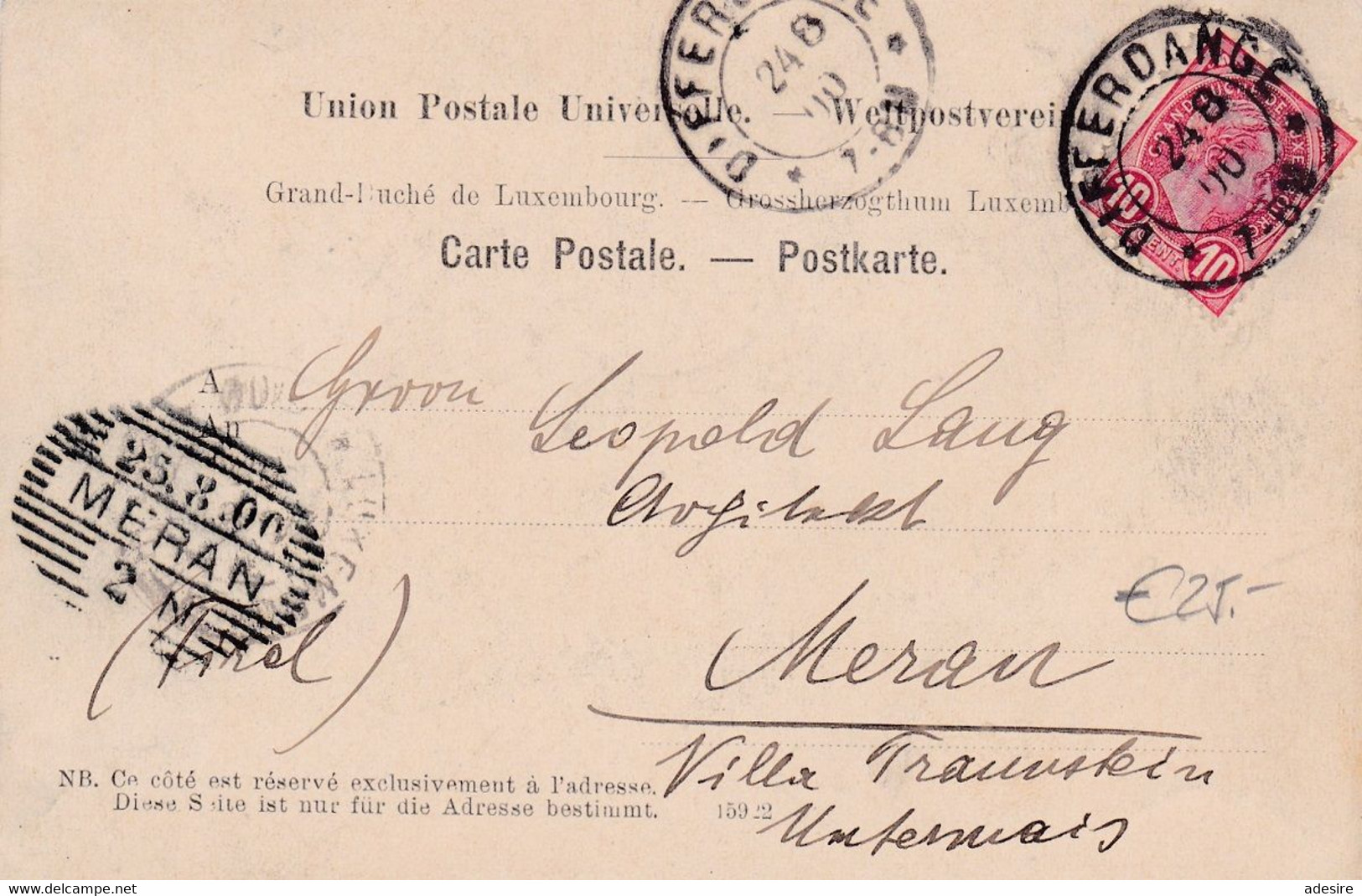 SOUVENIR DE DIFFERDANGE (Luxembourg) - Verlag J.M.Bellwald Echternach, Karte Gel.1900 V.Differdange > Meran, Schöne ... - Differdange