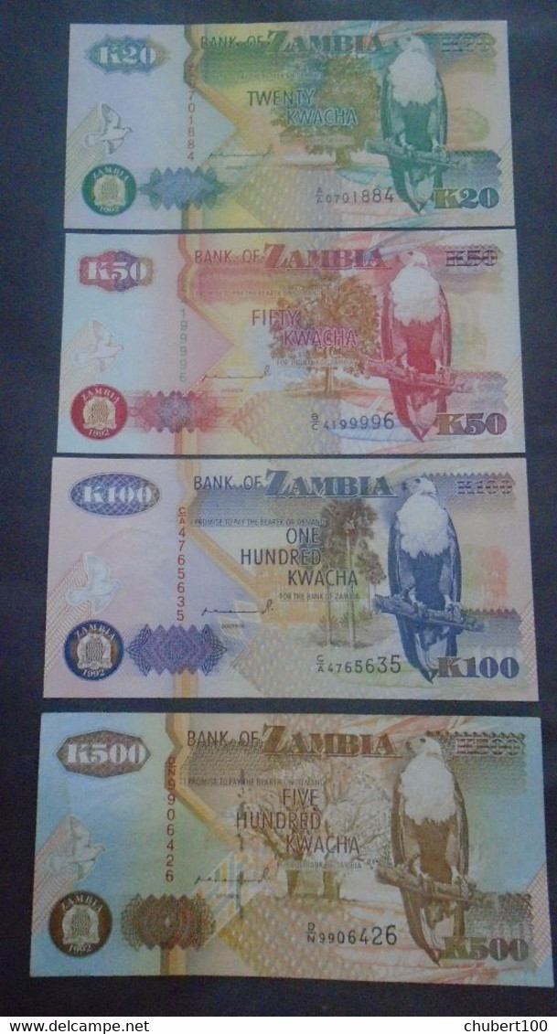 ZAMBIA, P 36a + 37a + 38a + 39a , 20 + 50 + 100 + 500 Kwacha , 1992  ,  UNC , Neuf , 4 Notes - Zambia