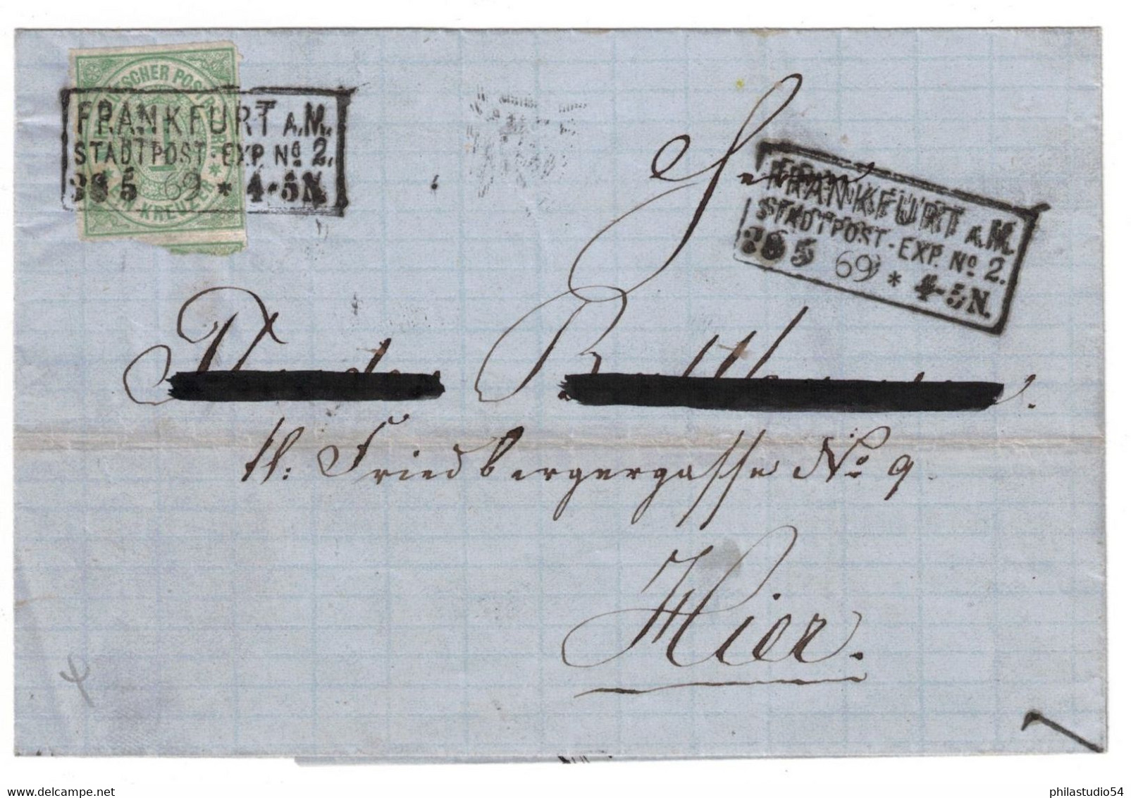1869, 1 Kreuzer Durchstochen Als EF Auf Ortsbrief „FRANKFURT A. M. STADTPOST – EXP: No. 2“ - Storia Postale