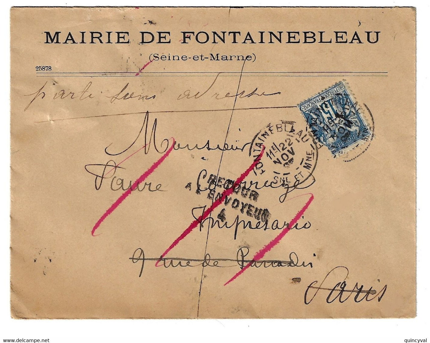 FONTAINEBLEAU Seine Et Marne Lettre Retour à L'envoyeur 4  PARIS Sage Ob 1897 Verso Marques Facteurs - 1877-1920: Semi-Moderne