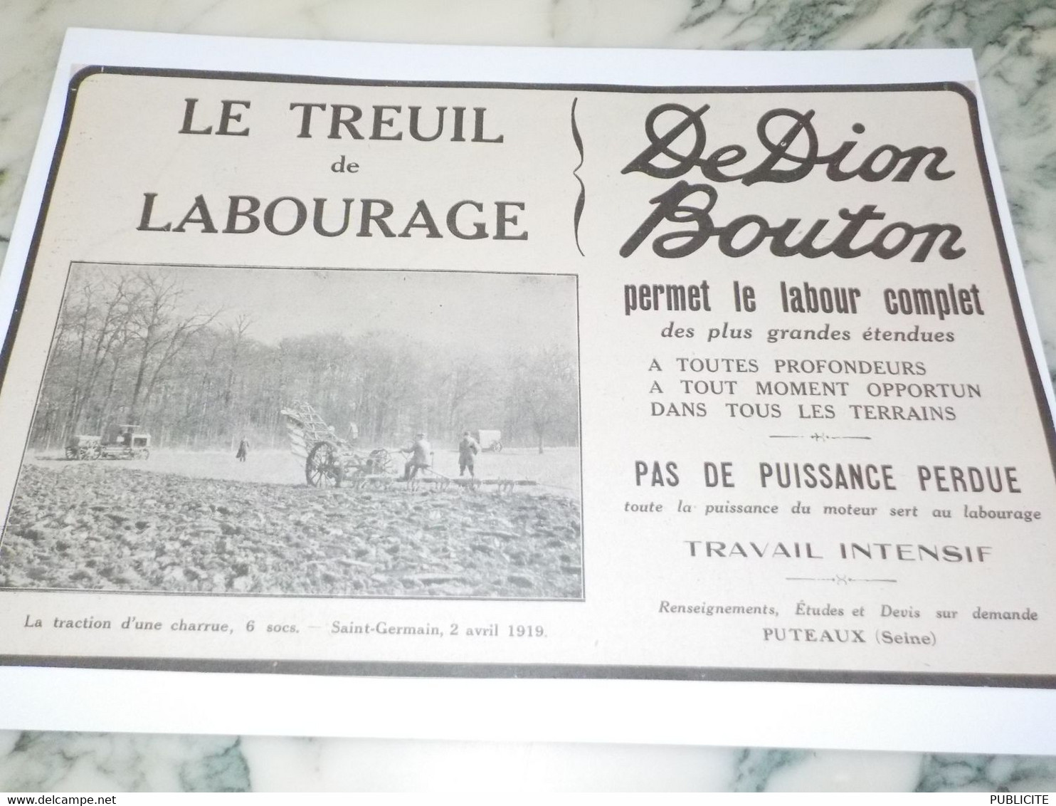 ANCIENNE PUBLICITE LE TREUIL DE LABOURAGE DE DION BOUTON 1919 - Tractors