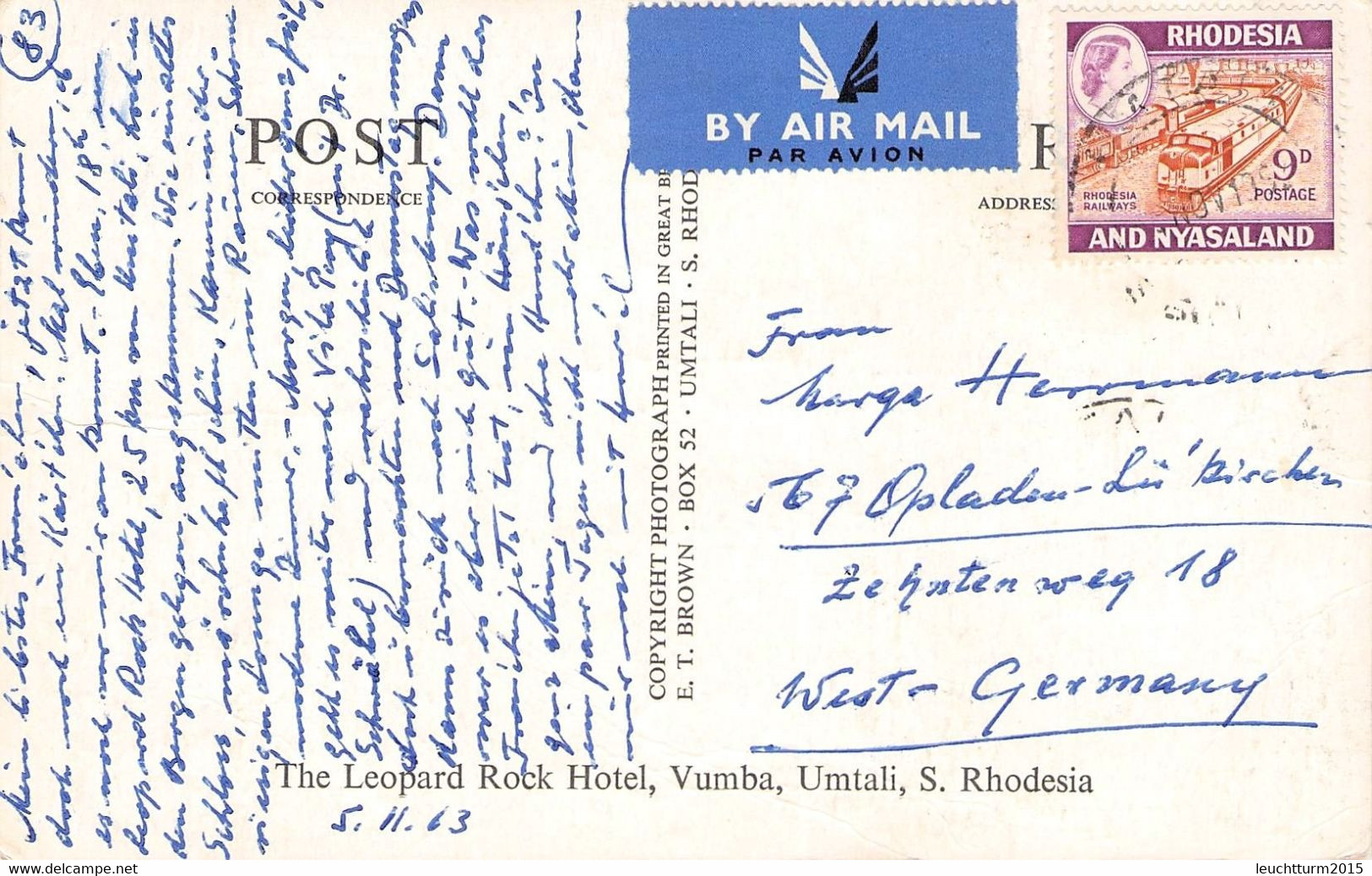 RHODESIA & NYASALAND - PICTURE POSTCARD 1963 > OPLADEN/DE / ZO422 - Rhodesia & Nyasaland (1954-1963)