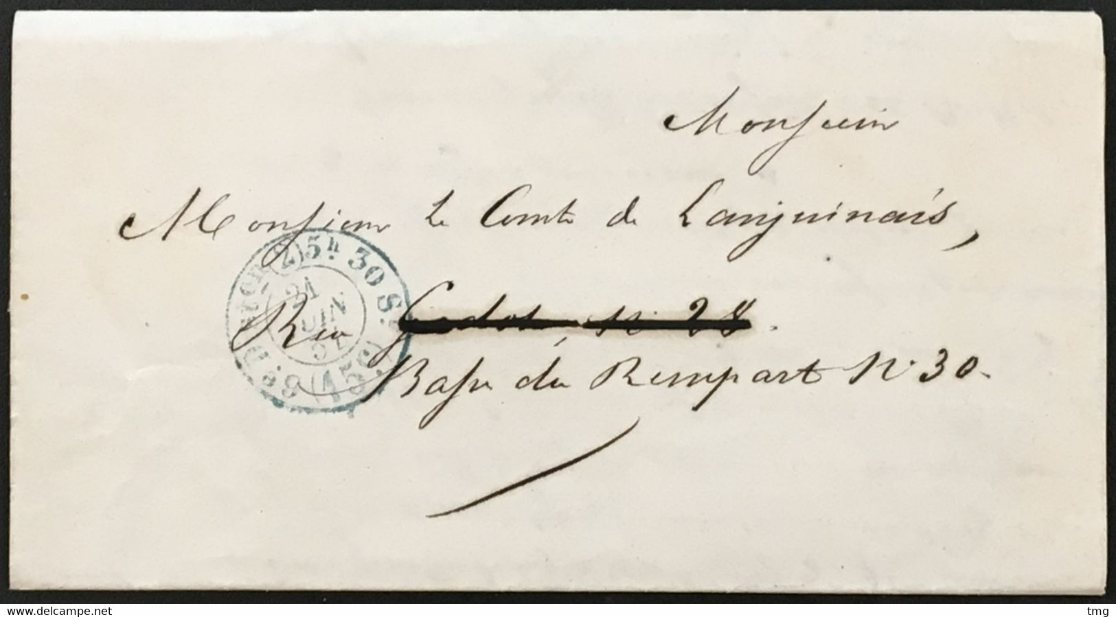 Lettre Paris Port Du Avec Cachet Distribution Taxe 15c SERVICE N°2 En Bleu 21.6.1854, France – 4ciel - Other & Unclassified