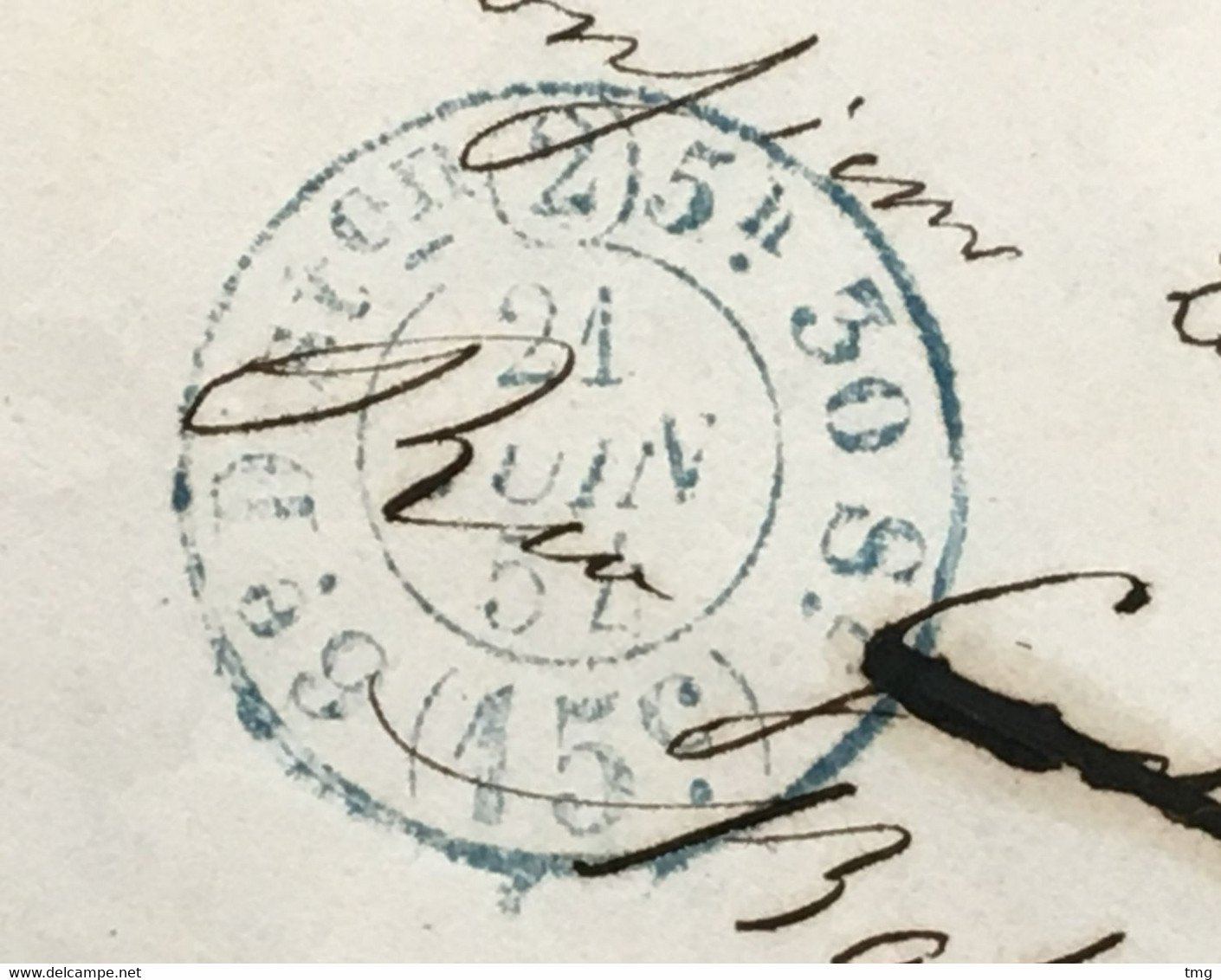 Lettre Paris Port Du Avec Cachet Distribution Taxe 15c SERVICE N°2 En Bleu 21.6.1854, France – 4ciel - Other & Unclassified