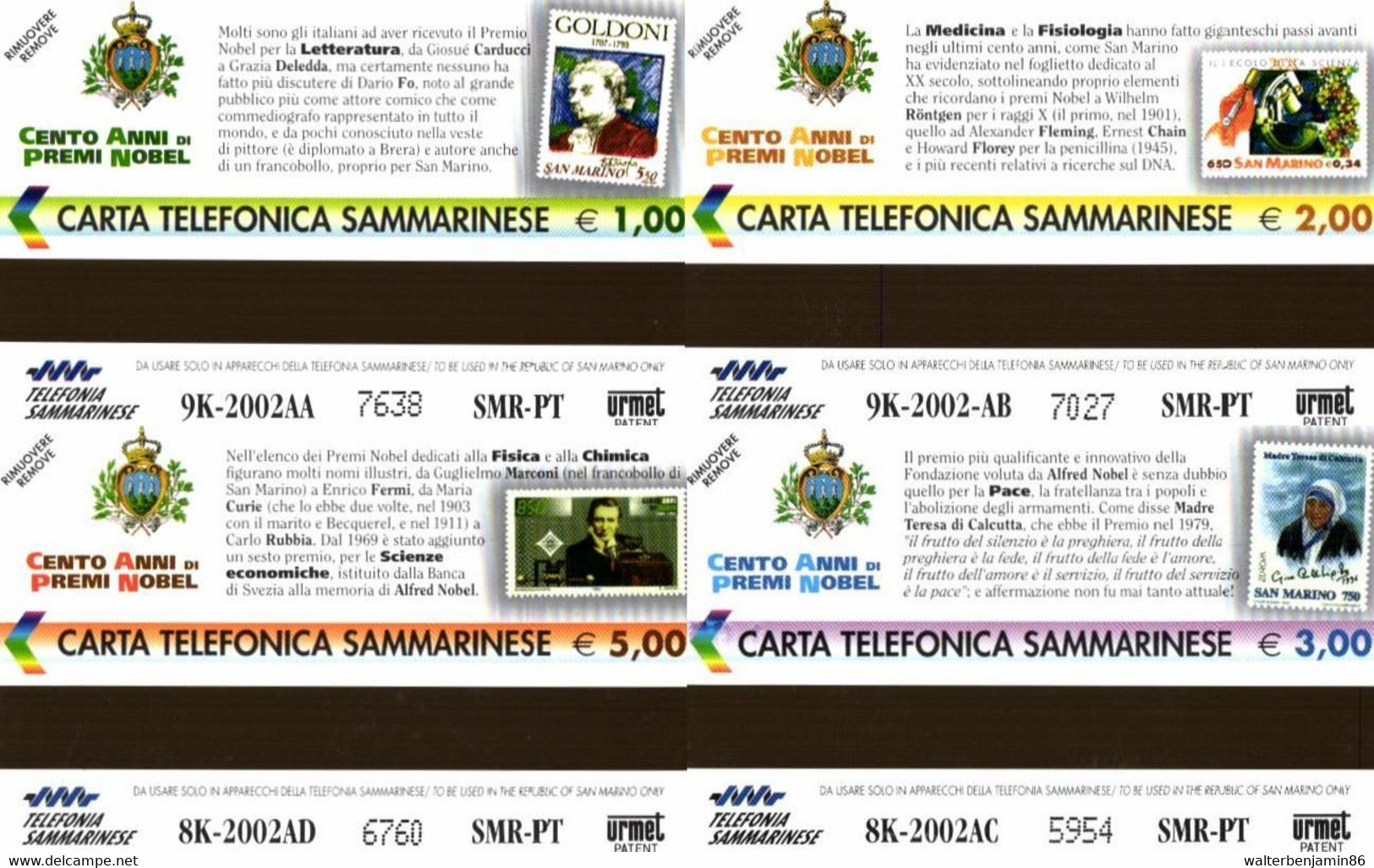 G SM 76 C&C 7076 4 SCHEDE SAN MARINO NUOVE MAGNETIZZATE CENTO ANNI DI PREMI NOBEL - San Marino