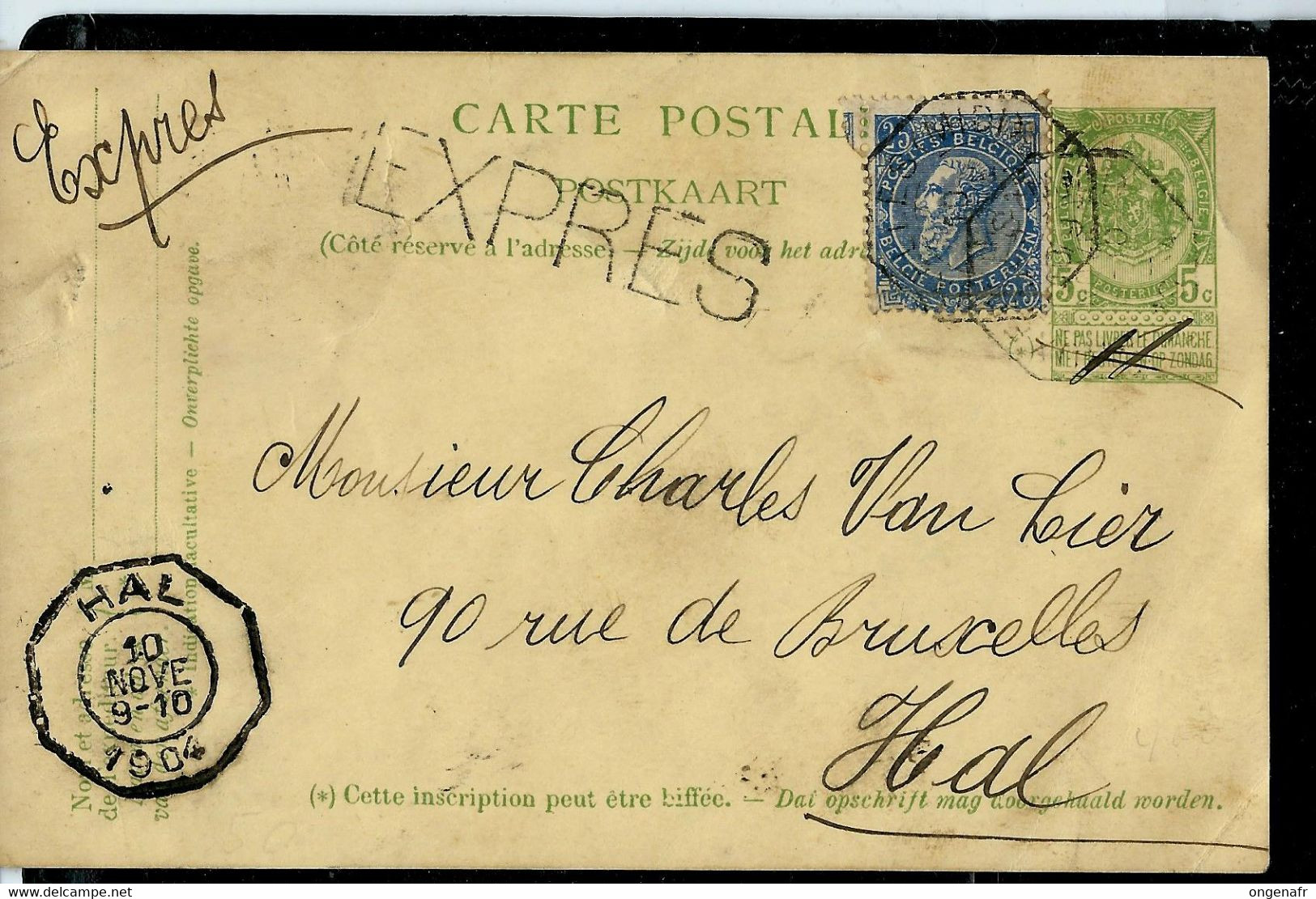 Entier Carte Postale N° 31. Obl. Télégraphe  Par Exprès + Obl De HAL 1904 - Landpost (Ruralpost)