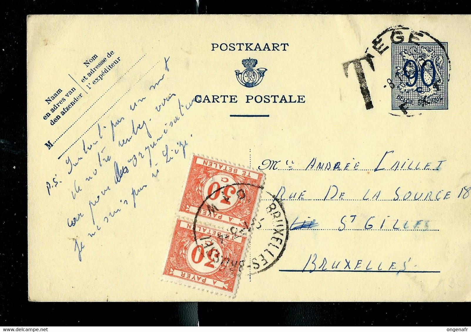 Entier Carte Postale N° 142.II.NF. Pbl. LIEGE  1953 - Taxé à 60 Cent. à BXL - D 1 W - - Sonstige & Ohne Zuordnung