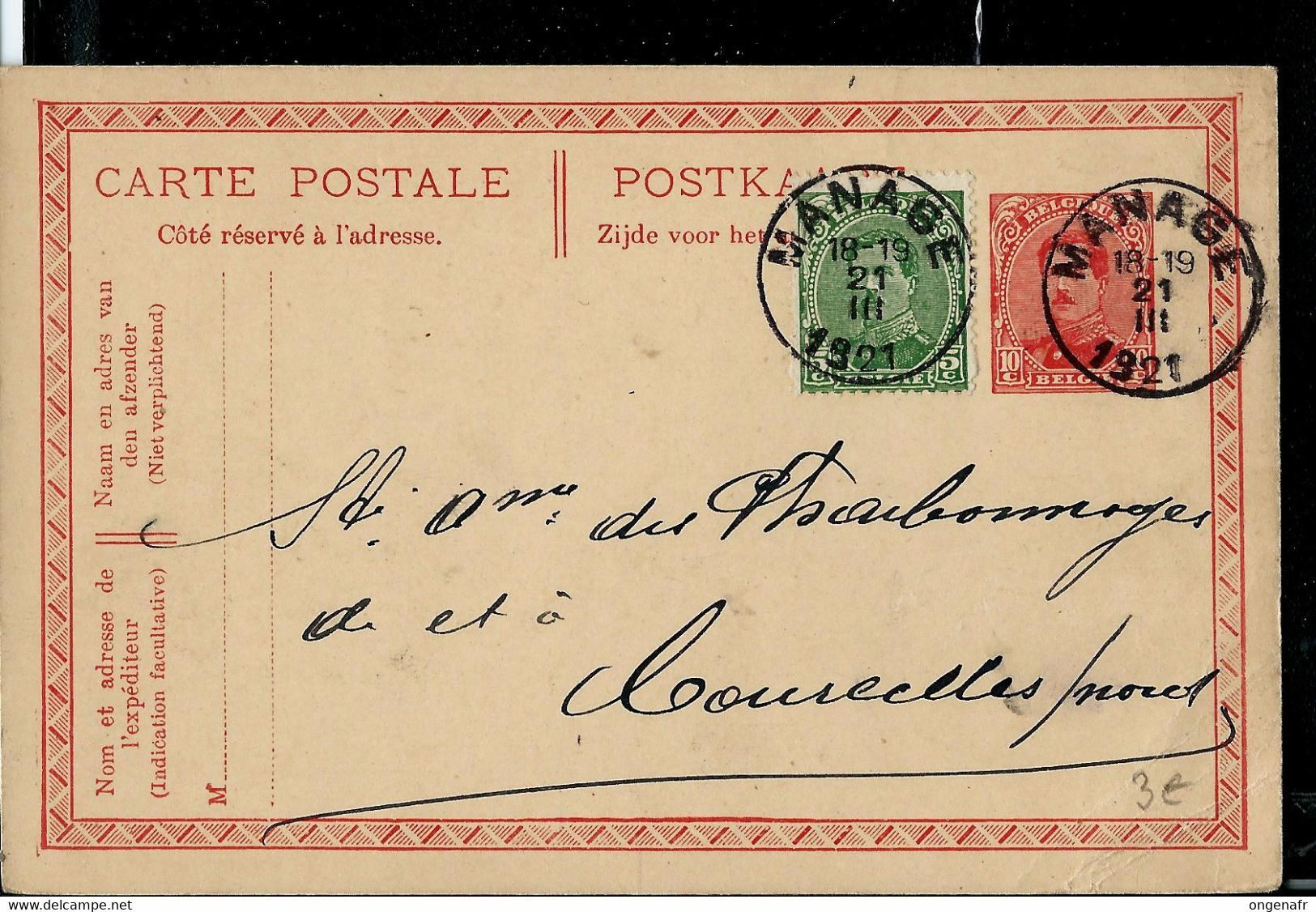 Entier Carte Postale N° 56 Obl. MANAGE 21/03/1921 - Poste Rurale