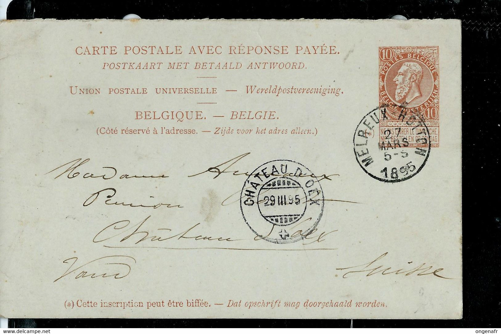 Entier Carte Postale N° 26 Obl. MELREUX - HOTTON 27/03/1895 Pour Château - D'Oex En Suisse - Landpost (Ruralpost)