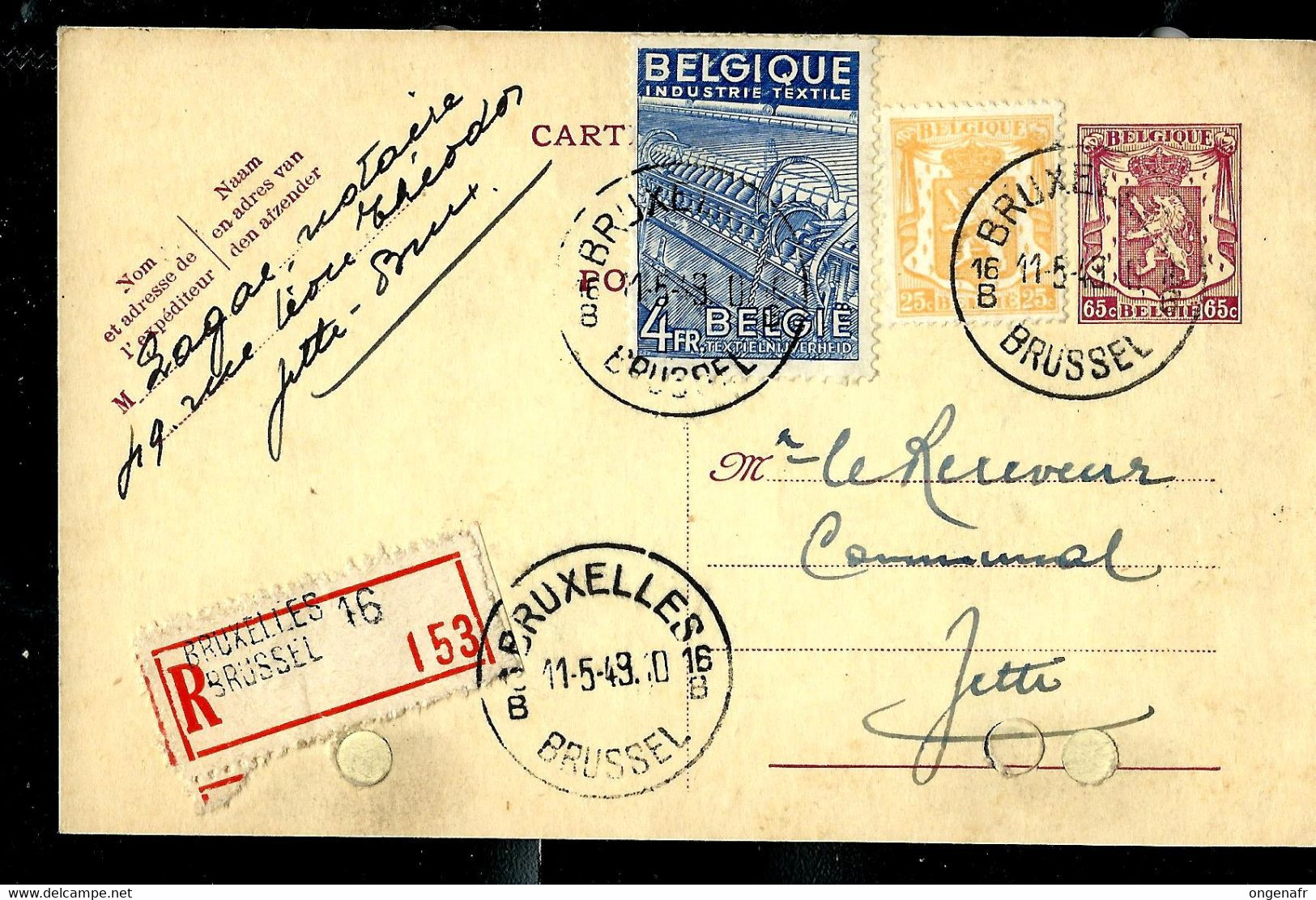 Entier Carte Postale N° 126.I.FN. + Complèment  Obl. BRUXELLES - 16 B - BRUSSEL 11/05/49 En Recommandé - Poste Rurale