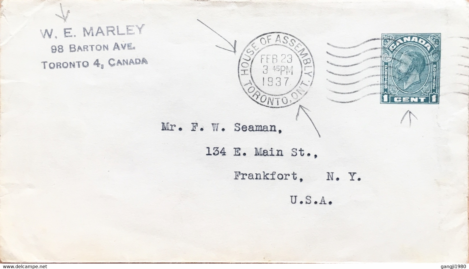 CANADA 1937, HOUSE OF ASSEMBLY CANCELLATION, POSTAL STATIONERY, KING GEORGE COVER, W. E. MARLEY TO MR. F. W. SEAMAN, USA - 1903-1954 Reyes